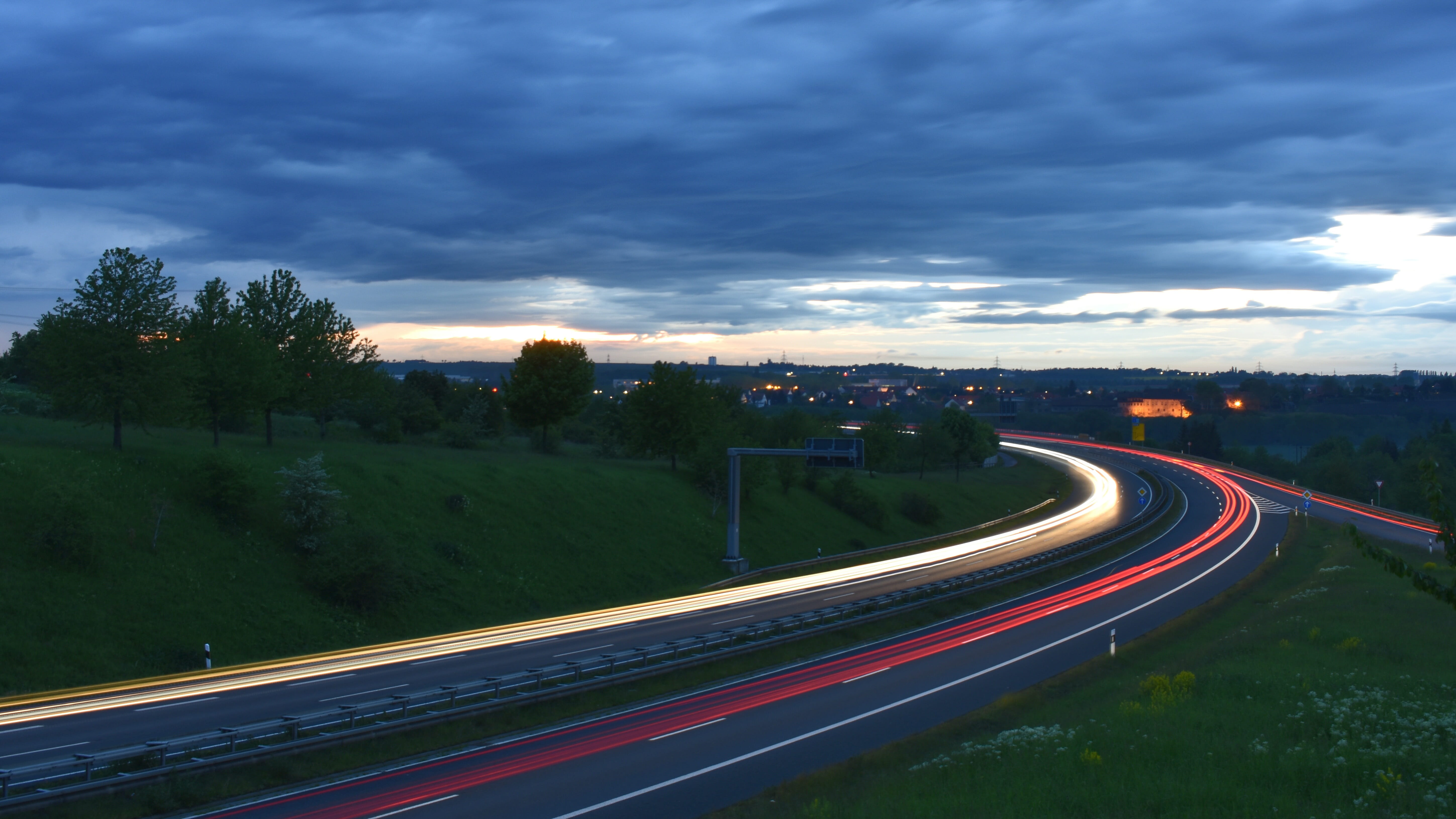 Germany, nature, high angle view, autos, cloud - sky, blurred motion, plant, highway, sky, transportation, outdoors, light trail, Federal Street, no people, HD Wallpaper