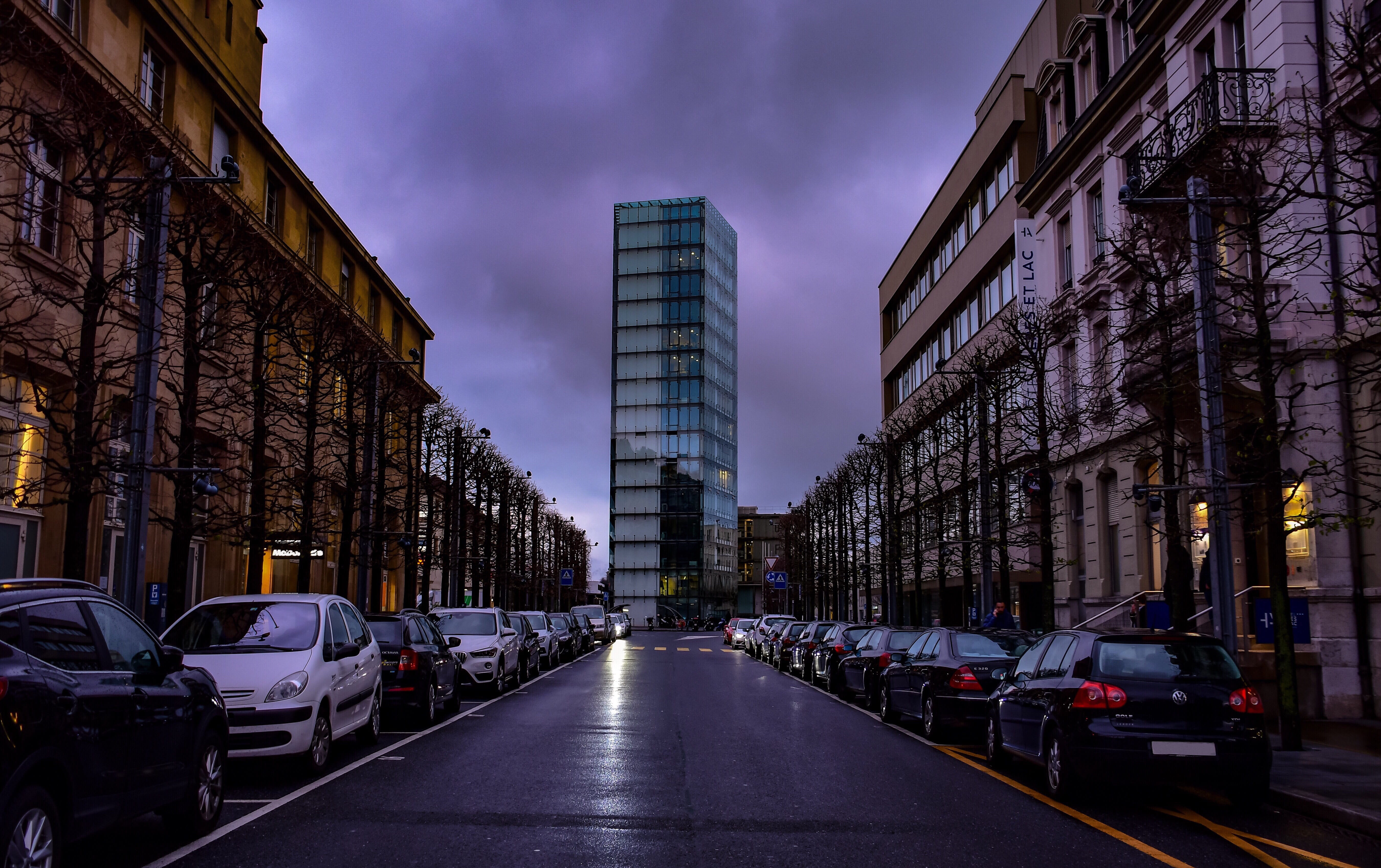 cars, cloud - sky, city, neuchâtel, land vehicle, federal statistical office, clouds, nature, building, no people, dark, sky, transportation, park, architecture, HD Wallpaper