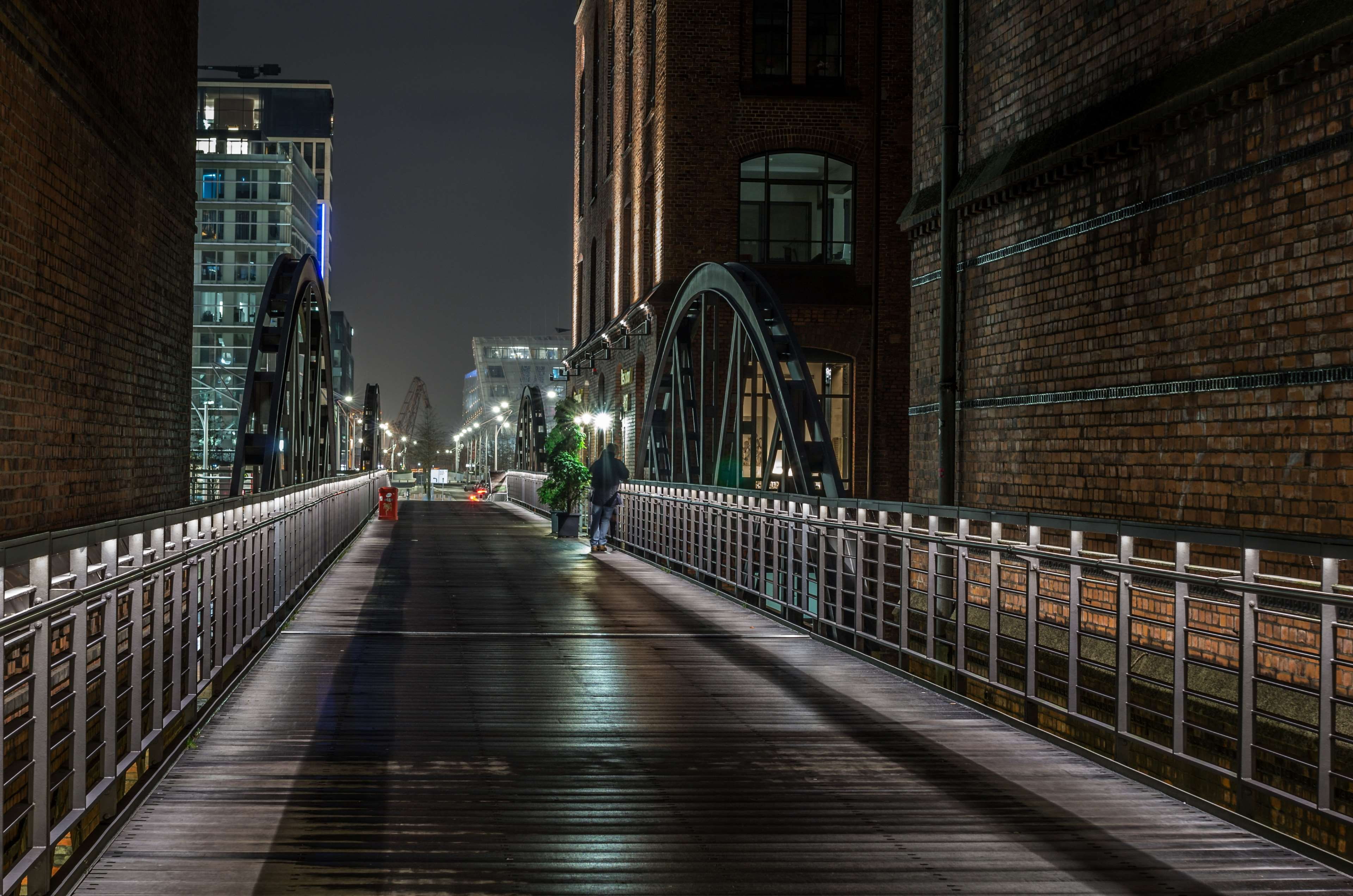 city, outdoors, arch, transportation, architecture, downtown, footbridge, blur, building exterior, illuminated, full length, railing, diminishing perspective, HD Wallpaper