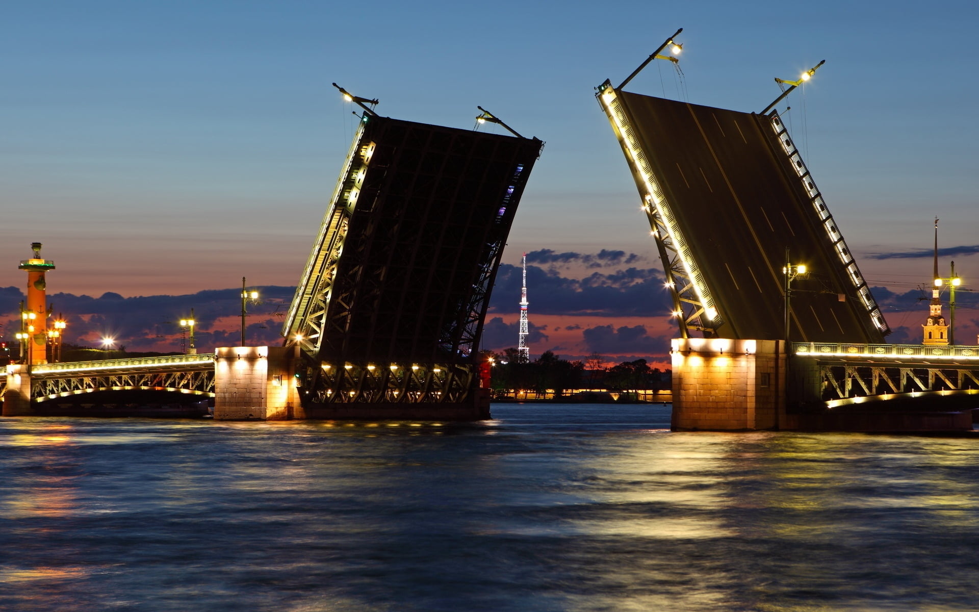 new York City, bridge - Man Made Structure, no people, travel, sunset, night, travel Destinations, bay, water, blue, architecture, skyscraper, nautical vessel, HD Wallpaper