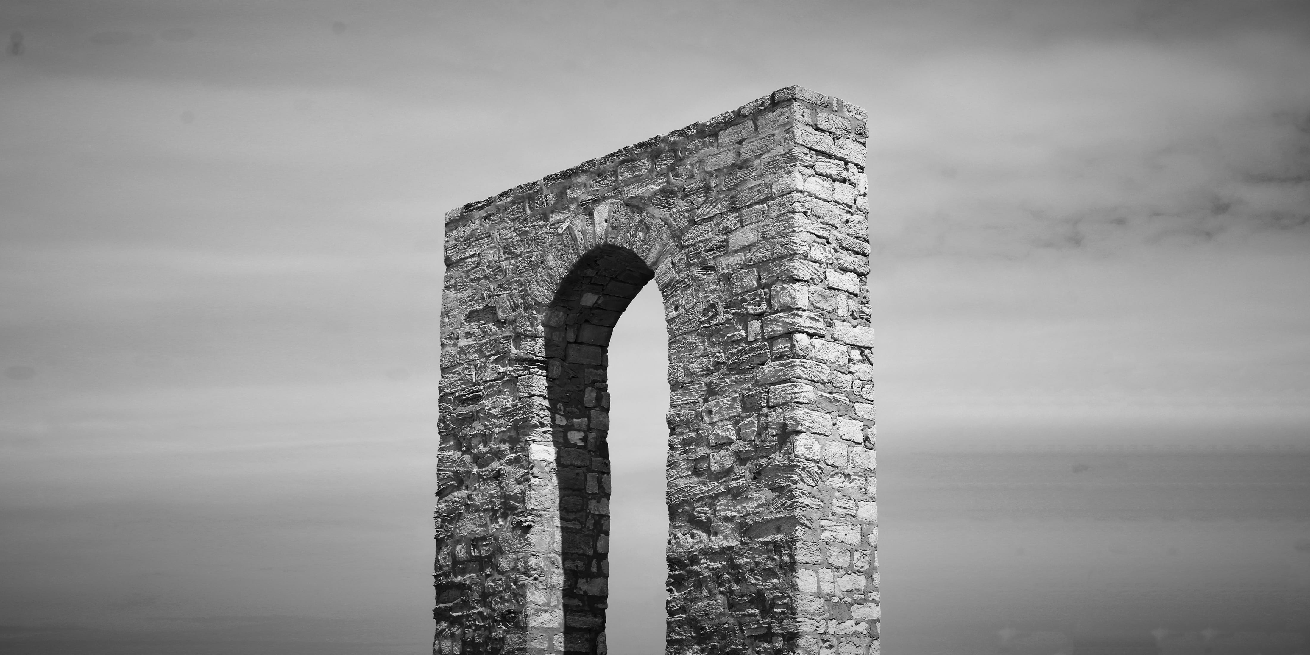 travel destinations, ancient, black and white, water, clouds, tower, no people, arch bridge, monochrome, old, monuments, skyscraper, tunisia, ruined, arch, HD Wallpaper