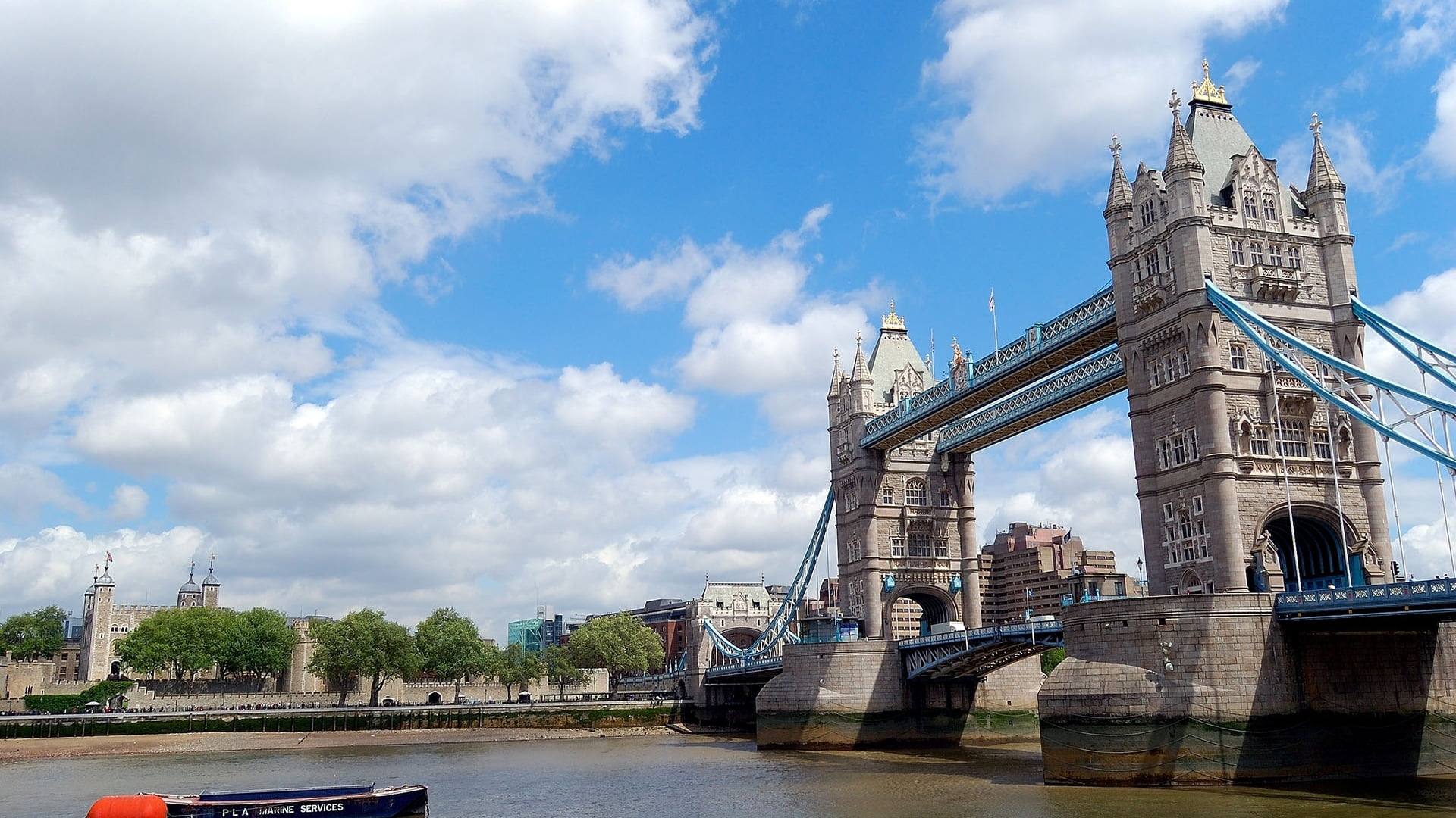 transportation, blue, 1080P, water, buildings, sky, uK, cityscape, bridge, tourism, suspension Bridge, cloud - sky, international Landmark, architecture, HD Wallpaper