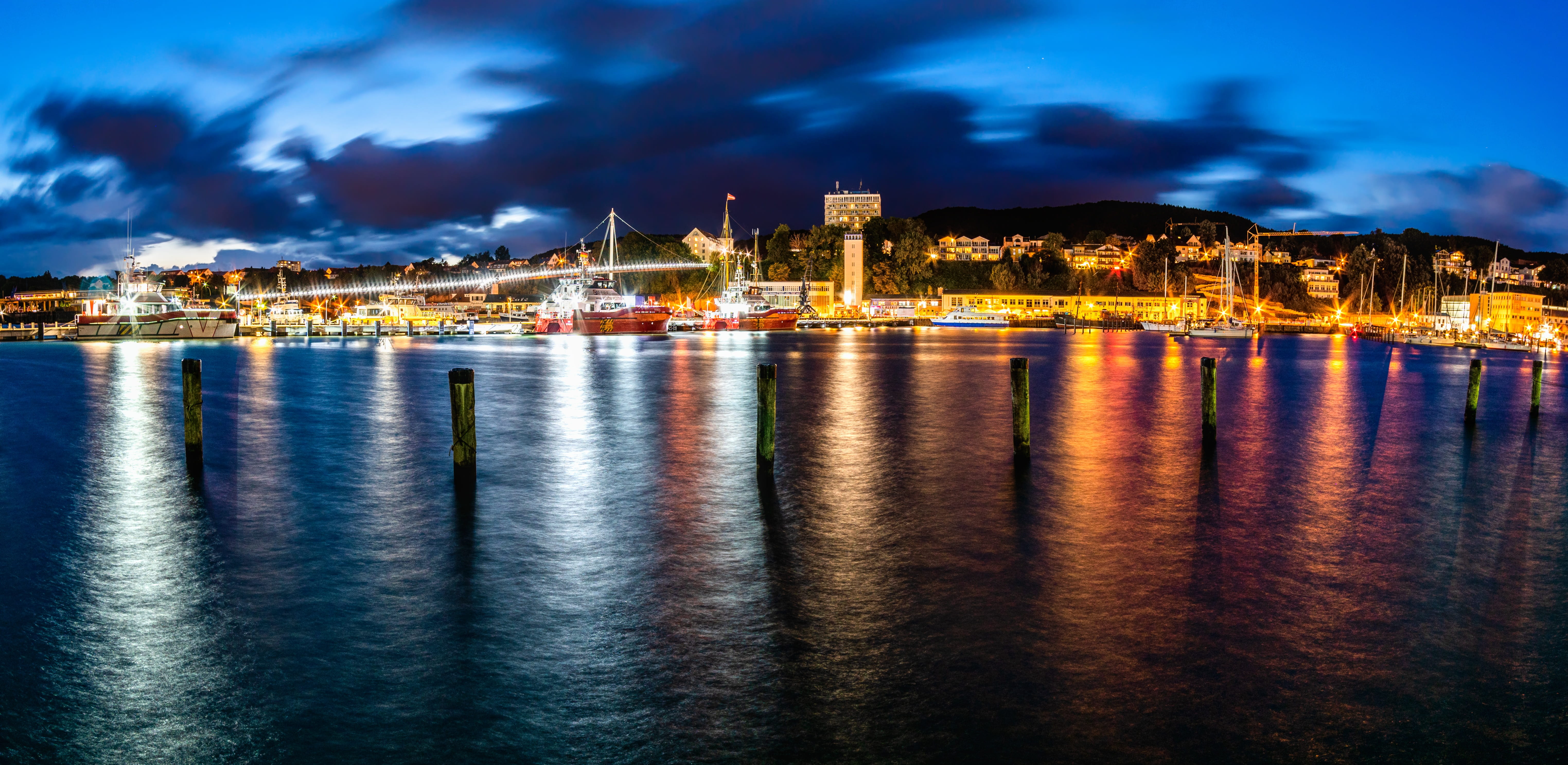 building exterior, cityscape, lights, ship, port, harbor, mood, city, bridge - man made structure, sea, waters, transportation, travel destinations, built structure, HD Wallpaper