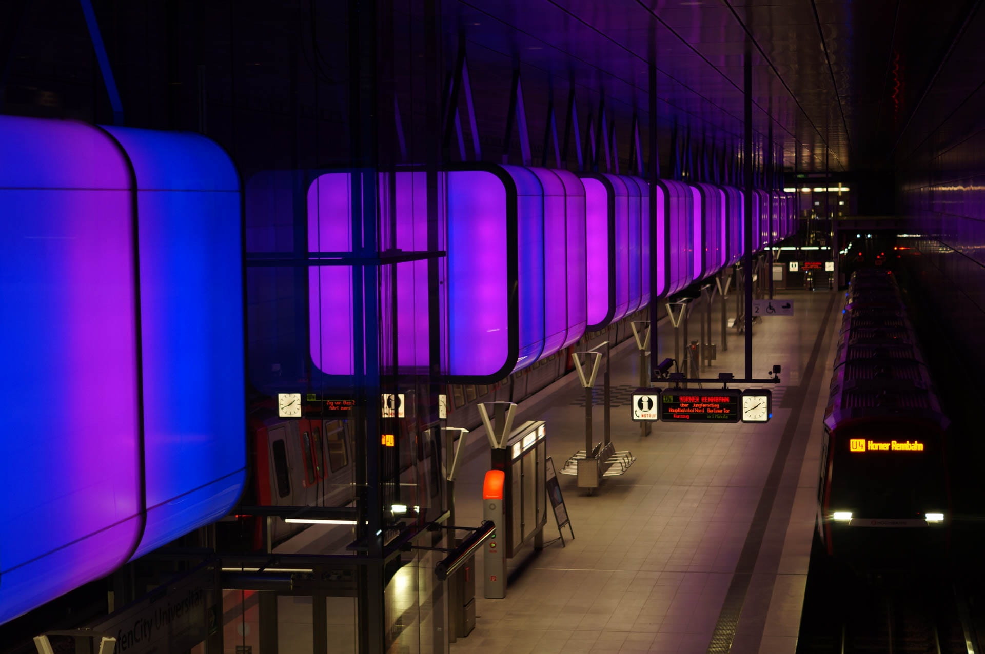 architecture, ubahn, road, harbour city, night, purple, mode of transportation, lamps, indoors, in a row, inside, lights game, hanseatic city, illuminated, HD Wallpaper