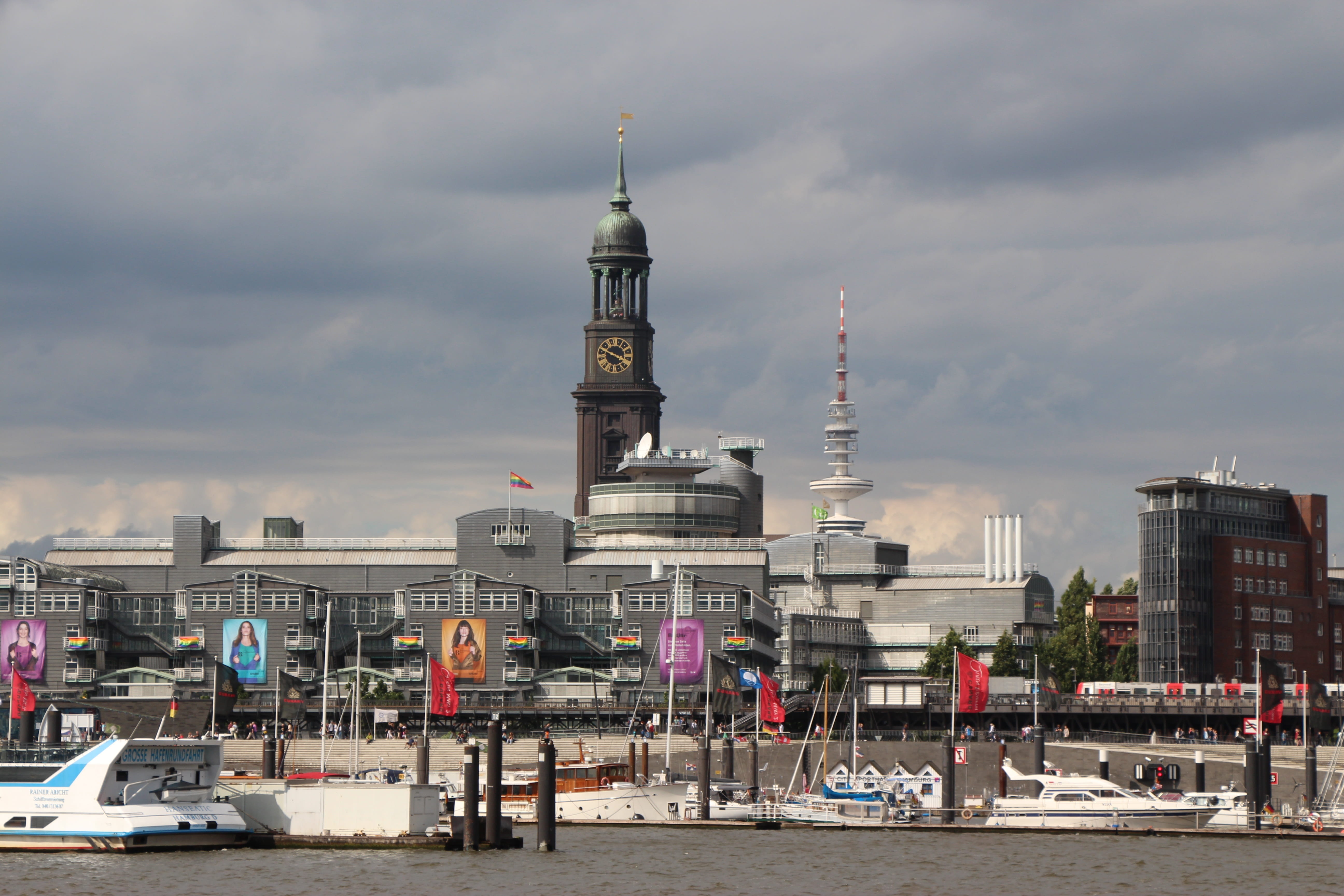 elbe, germany, sky, built structure, incidental people, communication, believe, cloud - sky, hamburg, steeple, church, day, building, landmark, hamburger-michel, HD Wallpaper