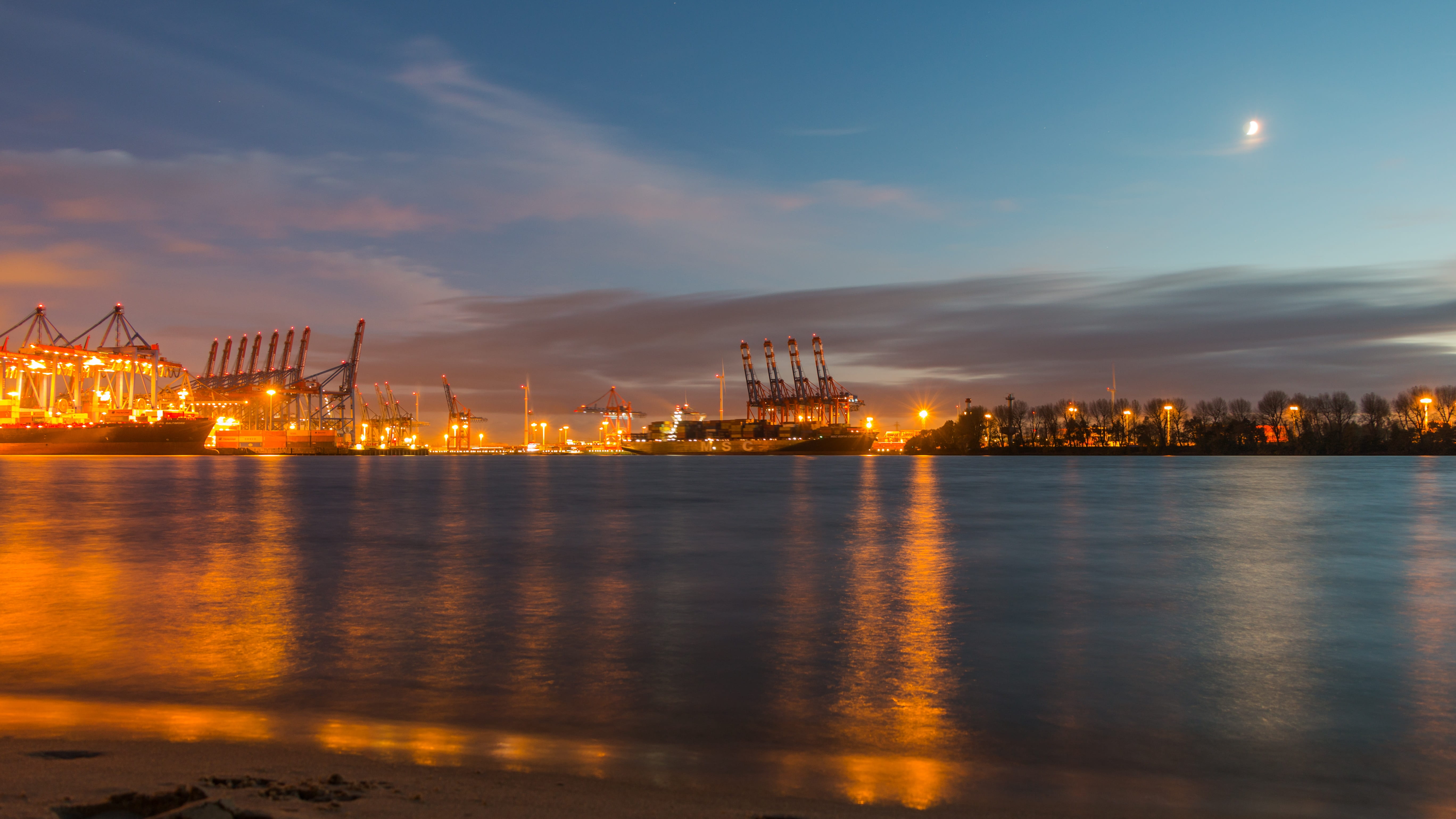 dusk, transportation, sky, port city, hamburg port, hanseatic city, nature, germany, outdoors, great light, water, illuminated, sand, elbe, evening light, HD Wallpaper