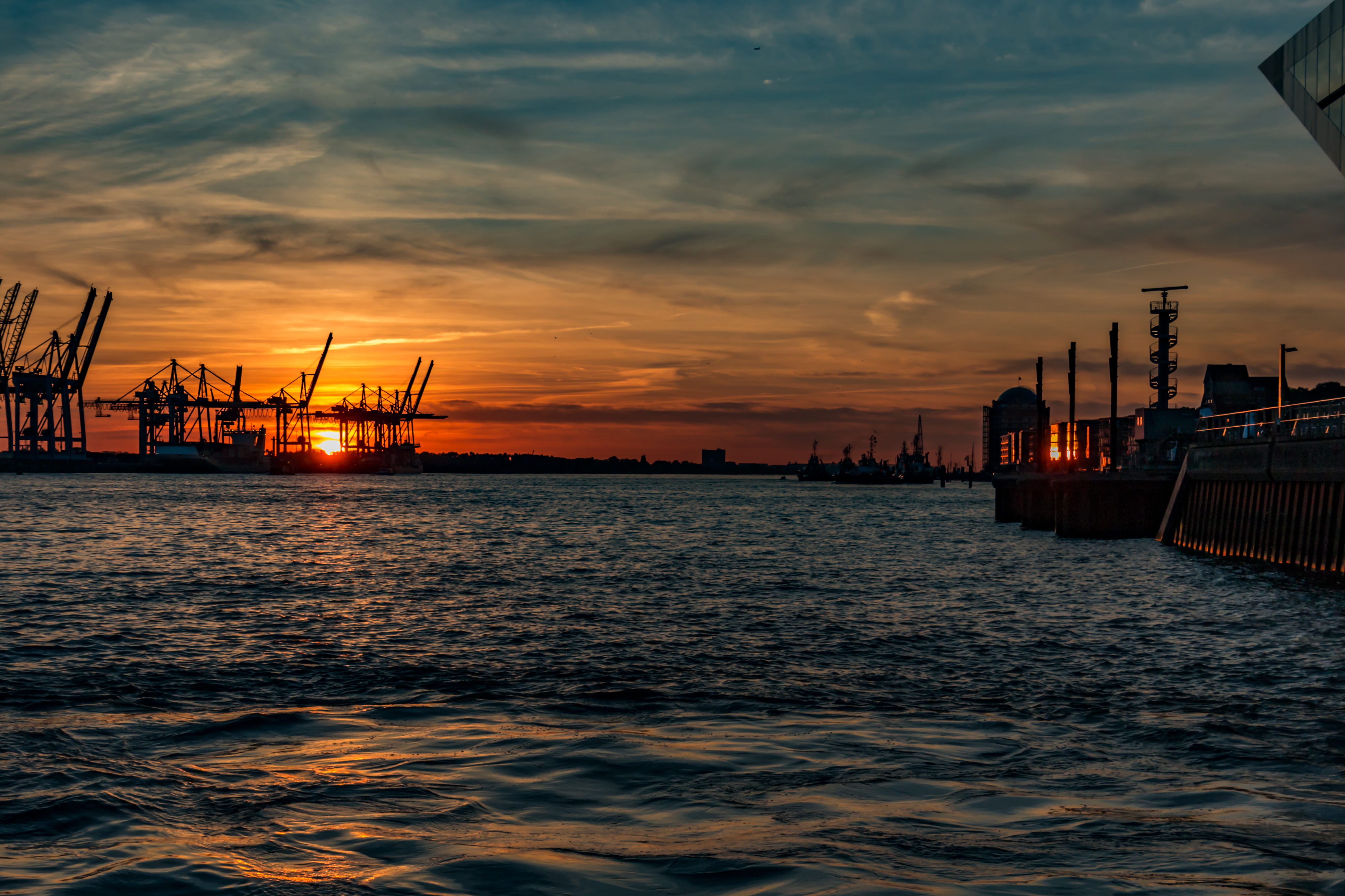 germany, business, hamburg, nautical vessel, river, landmark, freight transportation, hanseatic city, building, port, evening, 5K, water, outdoors, orange color, HD Wallpaper