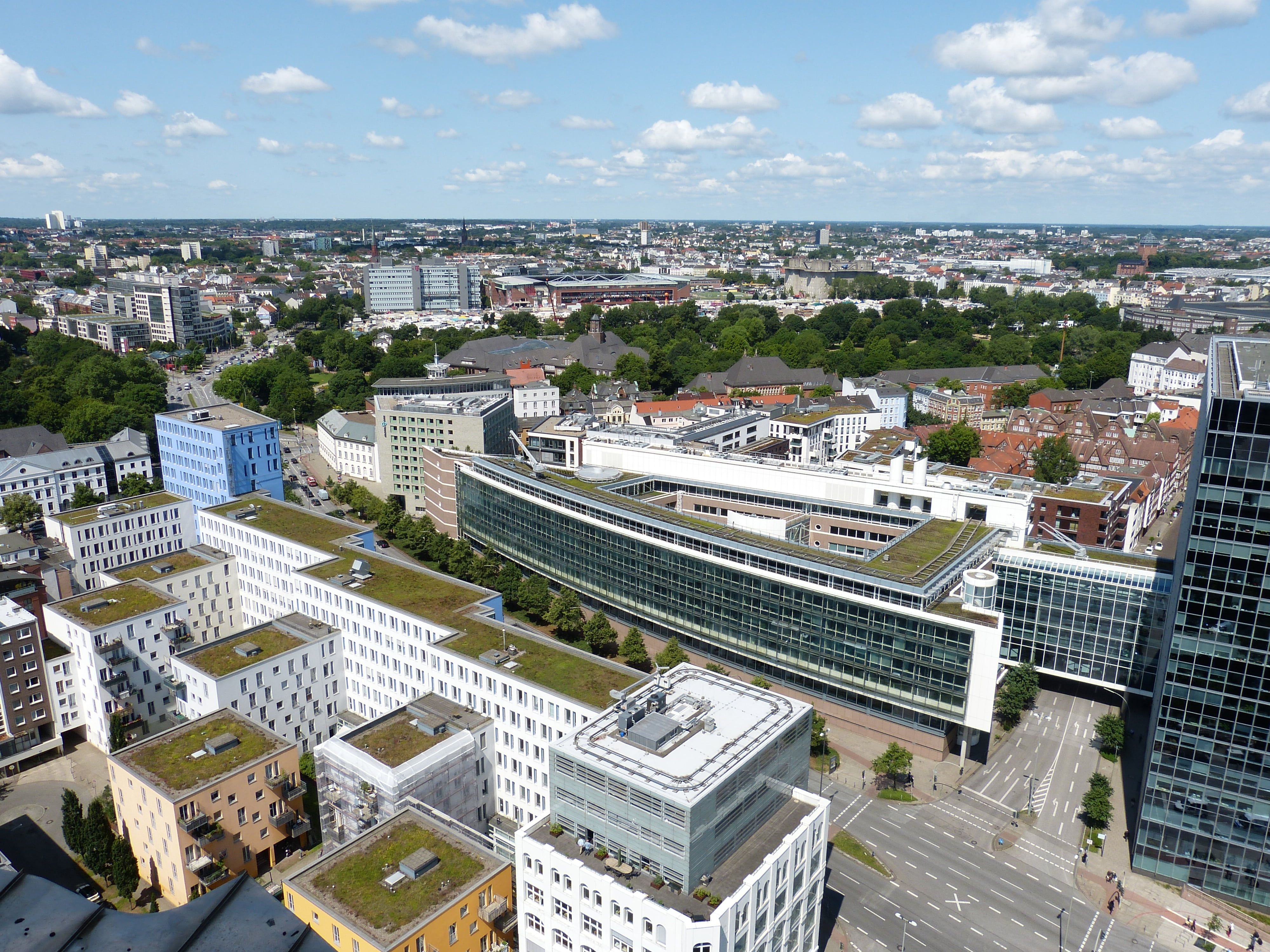 4K, aerial View, plant, sky, outdoors, road, crowded, tree, outlook, hamburg, day, building, cityscape, building exterior, high angle view, crowd, hanseatic city, HD Wallpaper