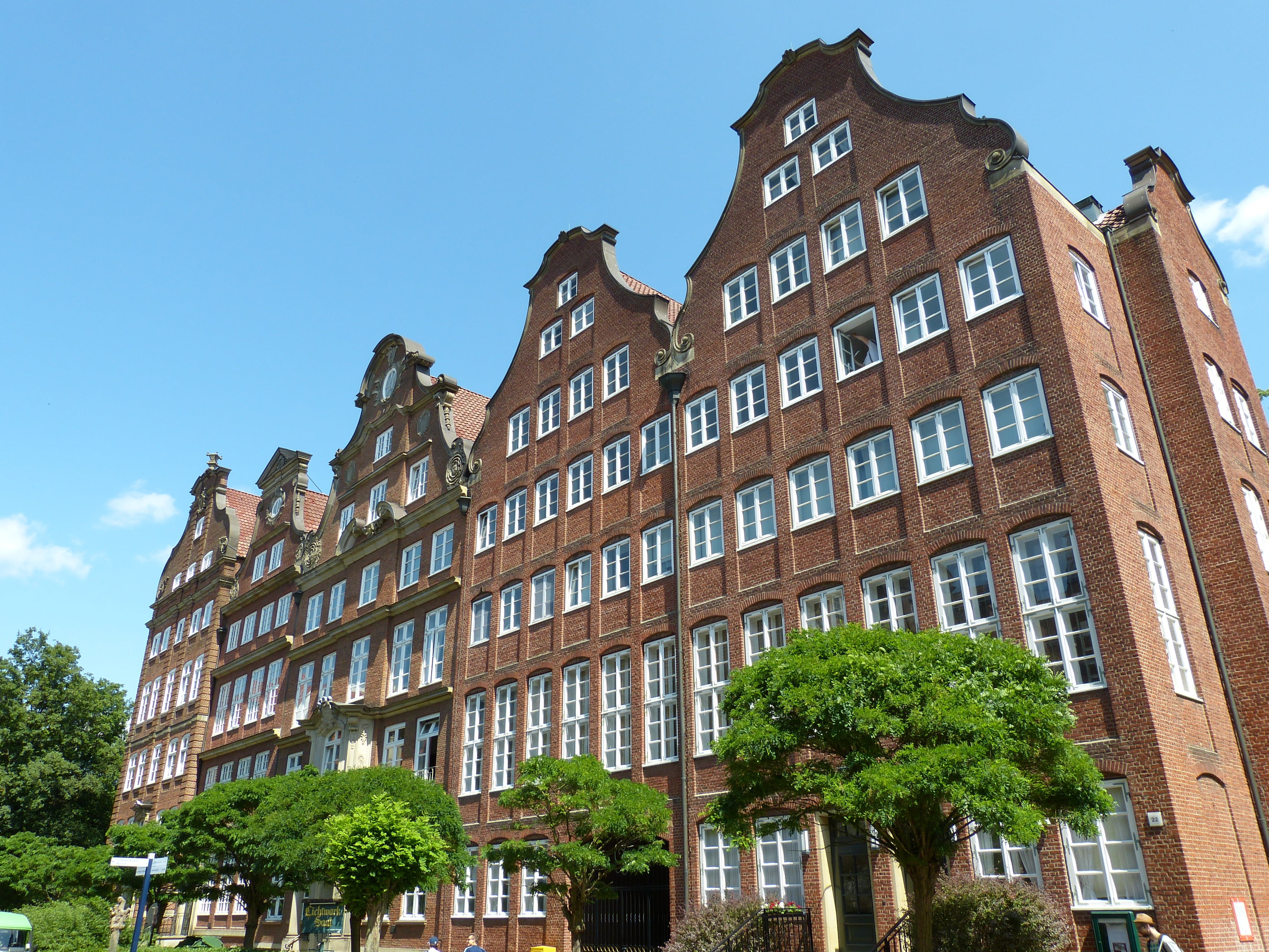 building, apartment, facade, brick, hanseatic city, low angle view, nature, bricks, built Structure, blue, clear sky, residential district, day, window, HD Wallpaper