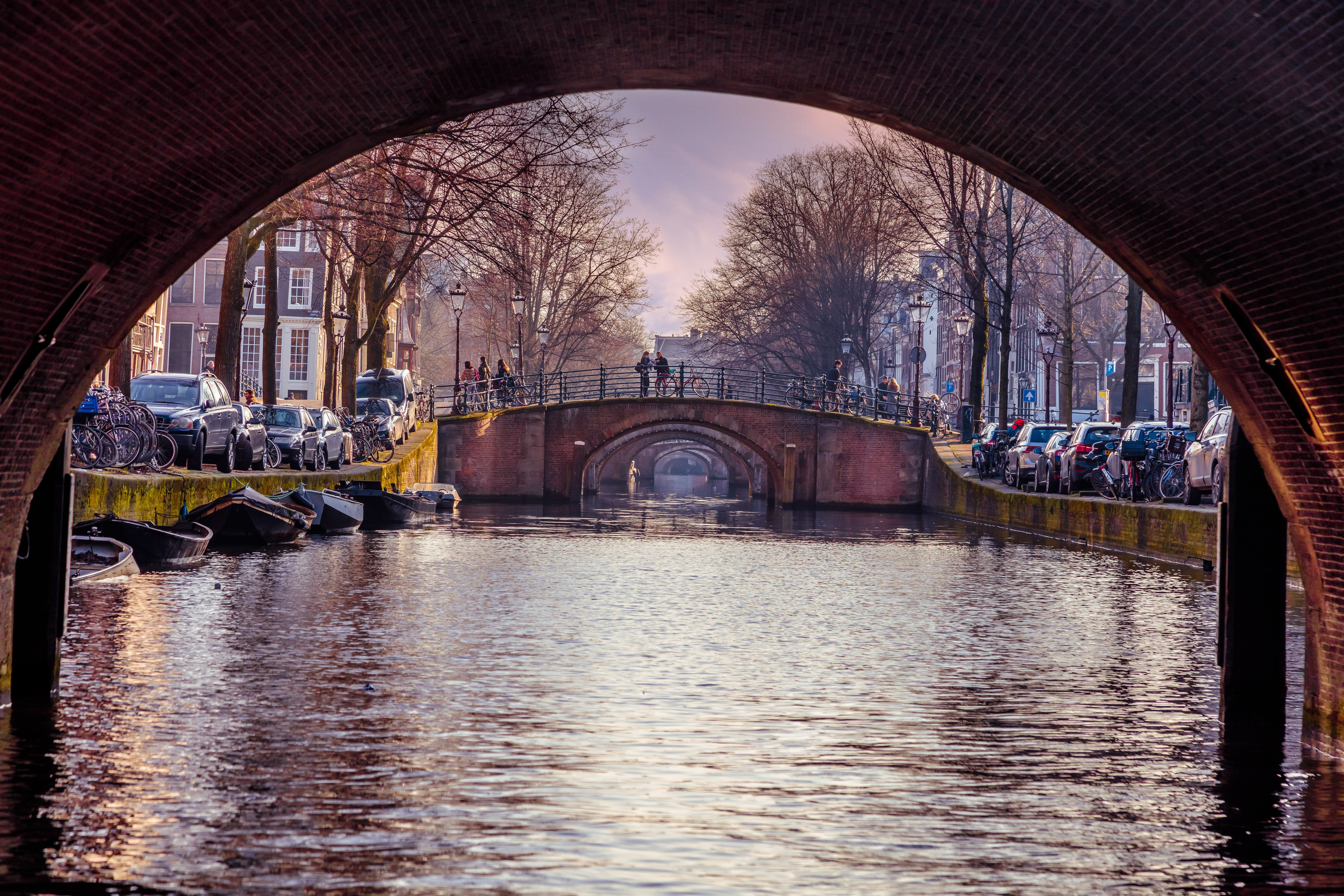 watercrafts, trees, city, bridge - Man Made Structure, bridge, nature, outdoors, water, cars, sight, 4K, building, bare tree, arch, famous Place, transportation, HD Wallpaper