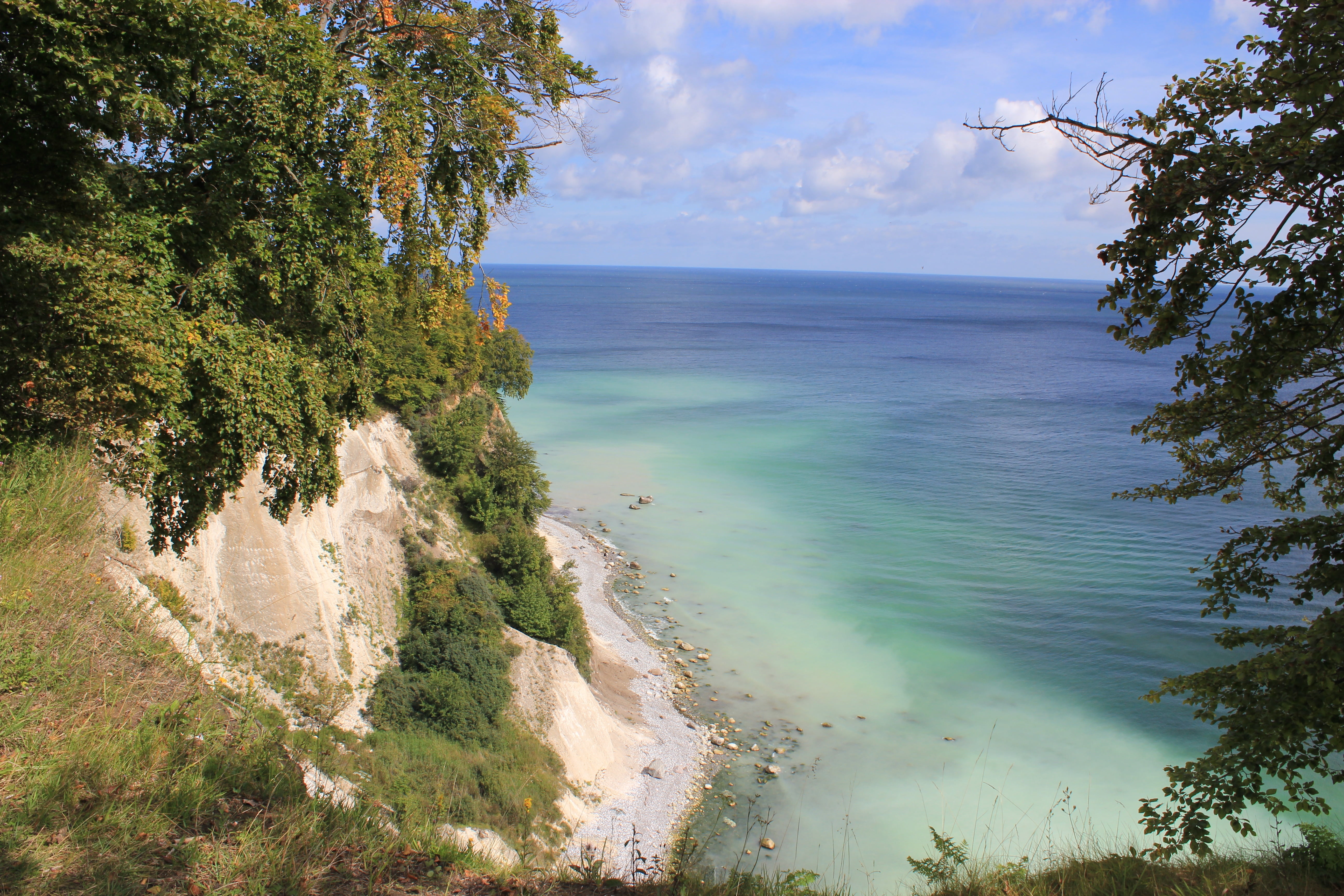 5K, rügen island, white cliffs, tranquil scene, cliffs, horizon over water, blue, high angle view, rügen, horizon, jasmund, plant, cloud - sky, idyll, HD Wallpaper