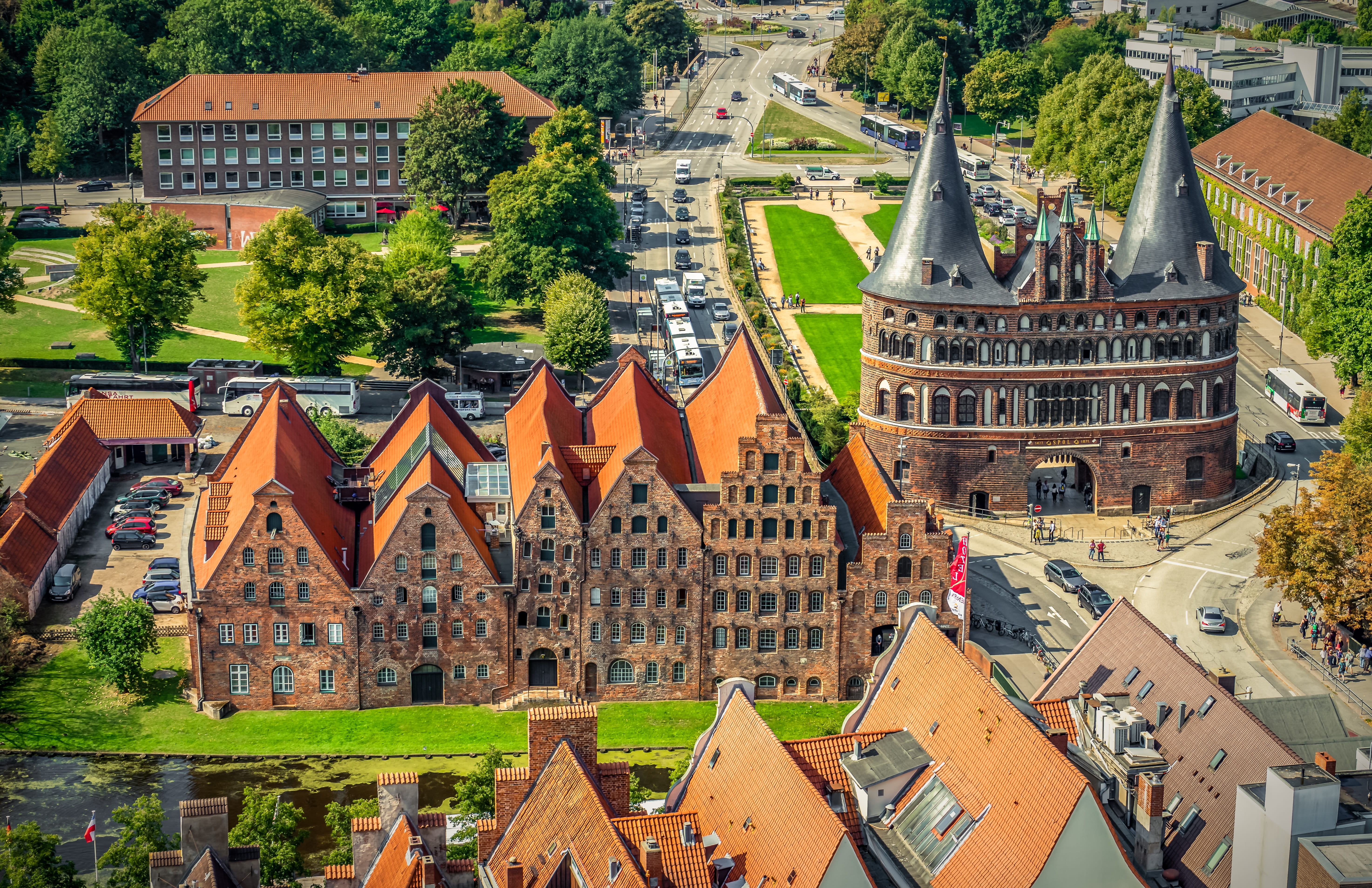 historically, day, residential district, building exterior, building, plant, city gate, hanseatic city, lübeck, built structure, aerial view, the past, HD Wallpaper
