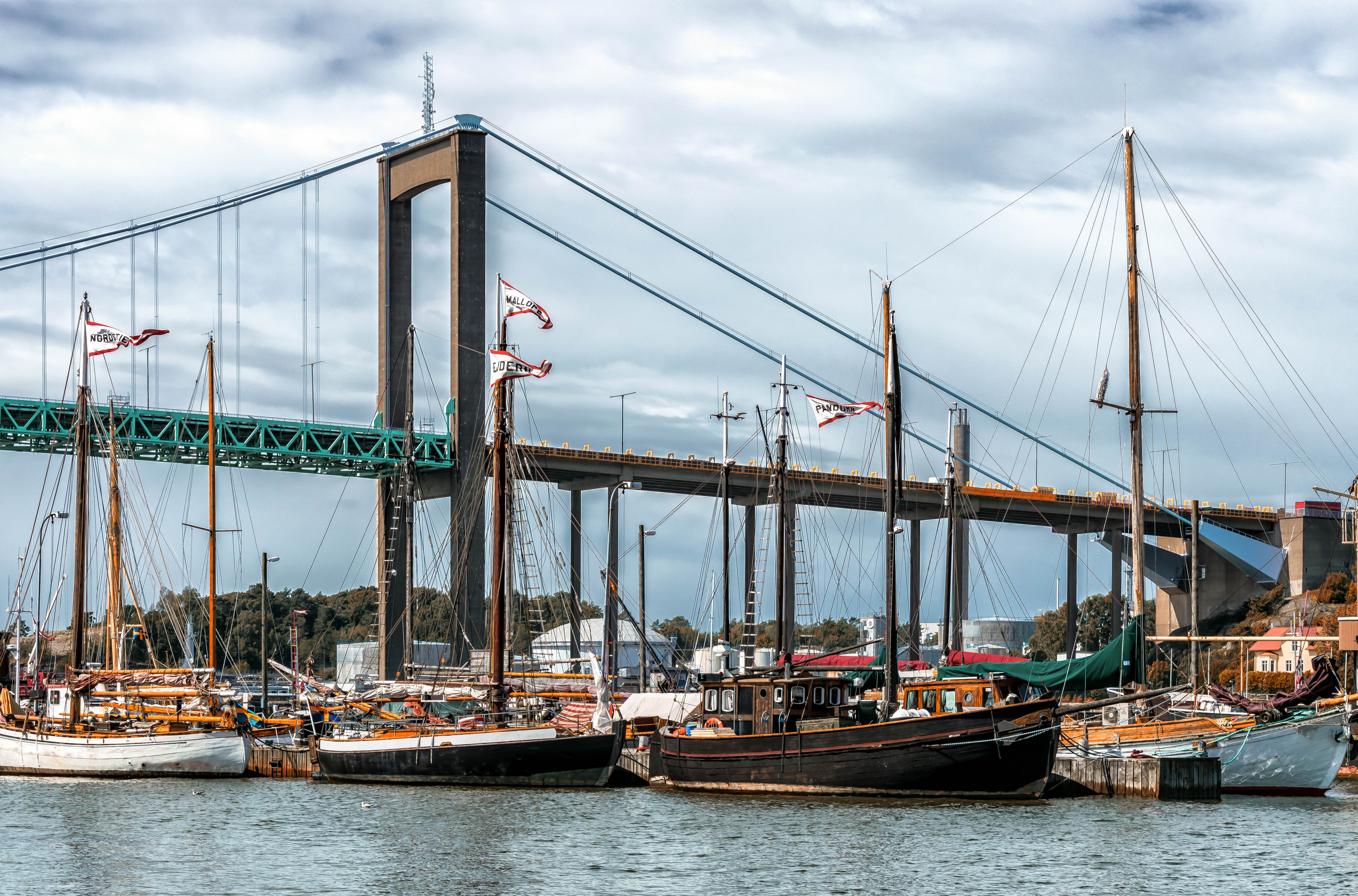 sweden, mode of transportation, water, day, sky, architecture, bridge - man made structure, boat masts, outdoors, clouds, pole, sailboat, transportation, HD Wallpaper