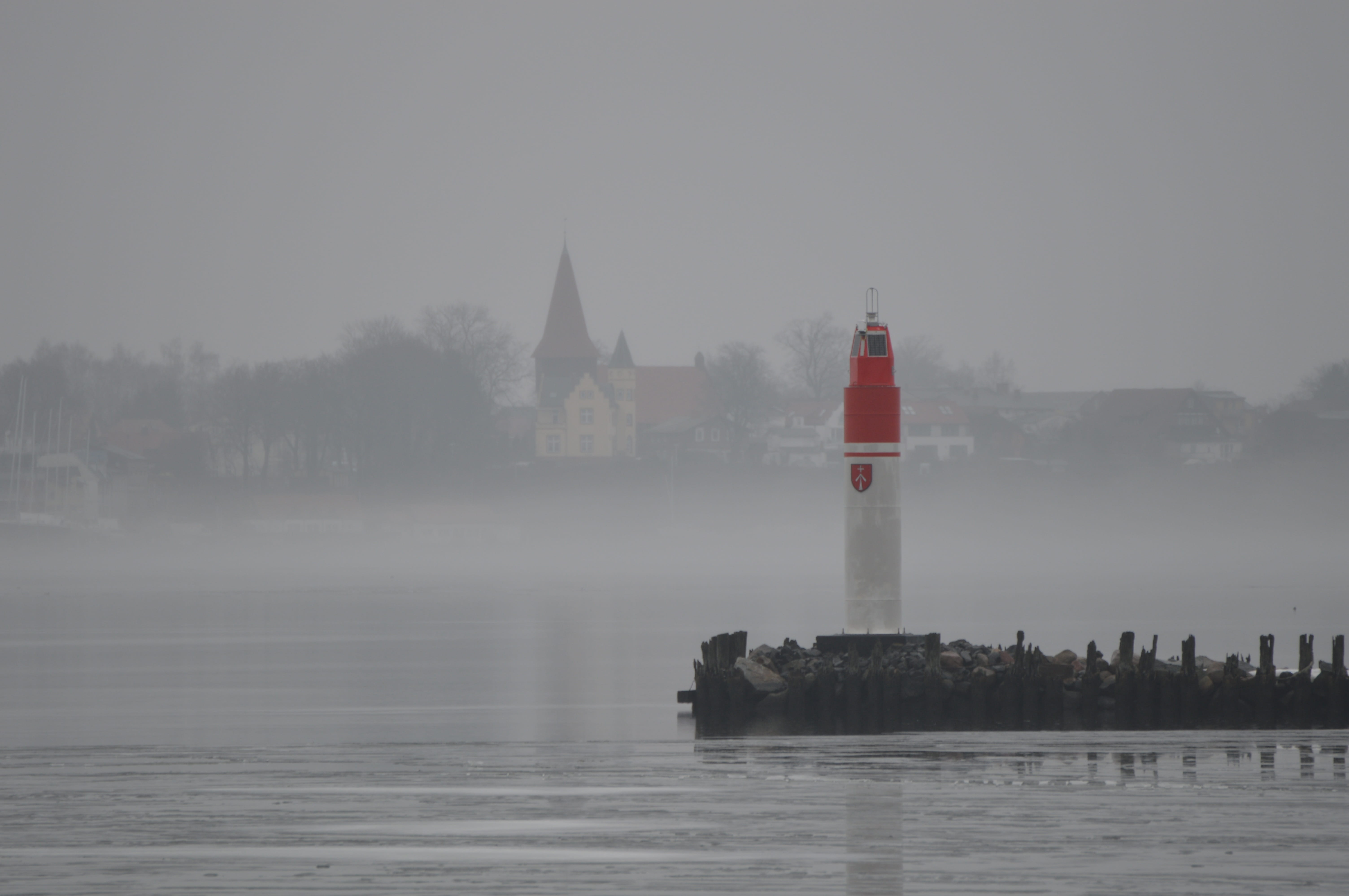 Lighthouse, building, Stralsund, germany, nature, flag, travel destinations, Fog, Water, built structure, waterfront, outdoors, 5K, building exterior, HD Wallpaper