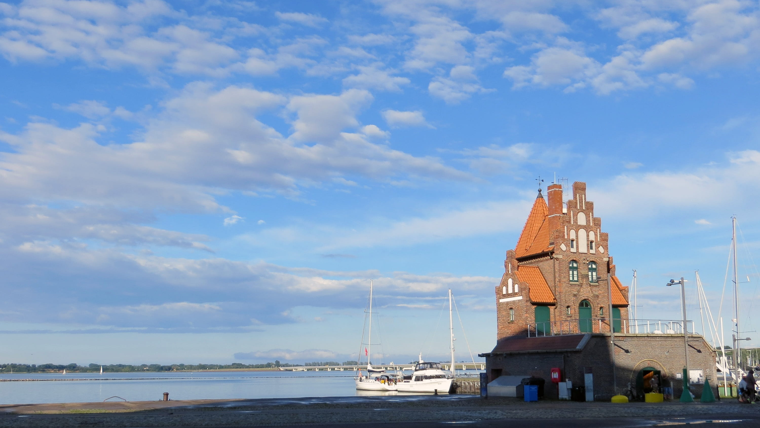 port, water, day, belief, bank, nature, waterfront, architecture, outdoors, sea, building, tower, transportation, religion, stralsund, built structure, HD Wallpaper