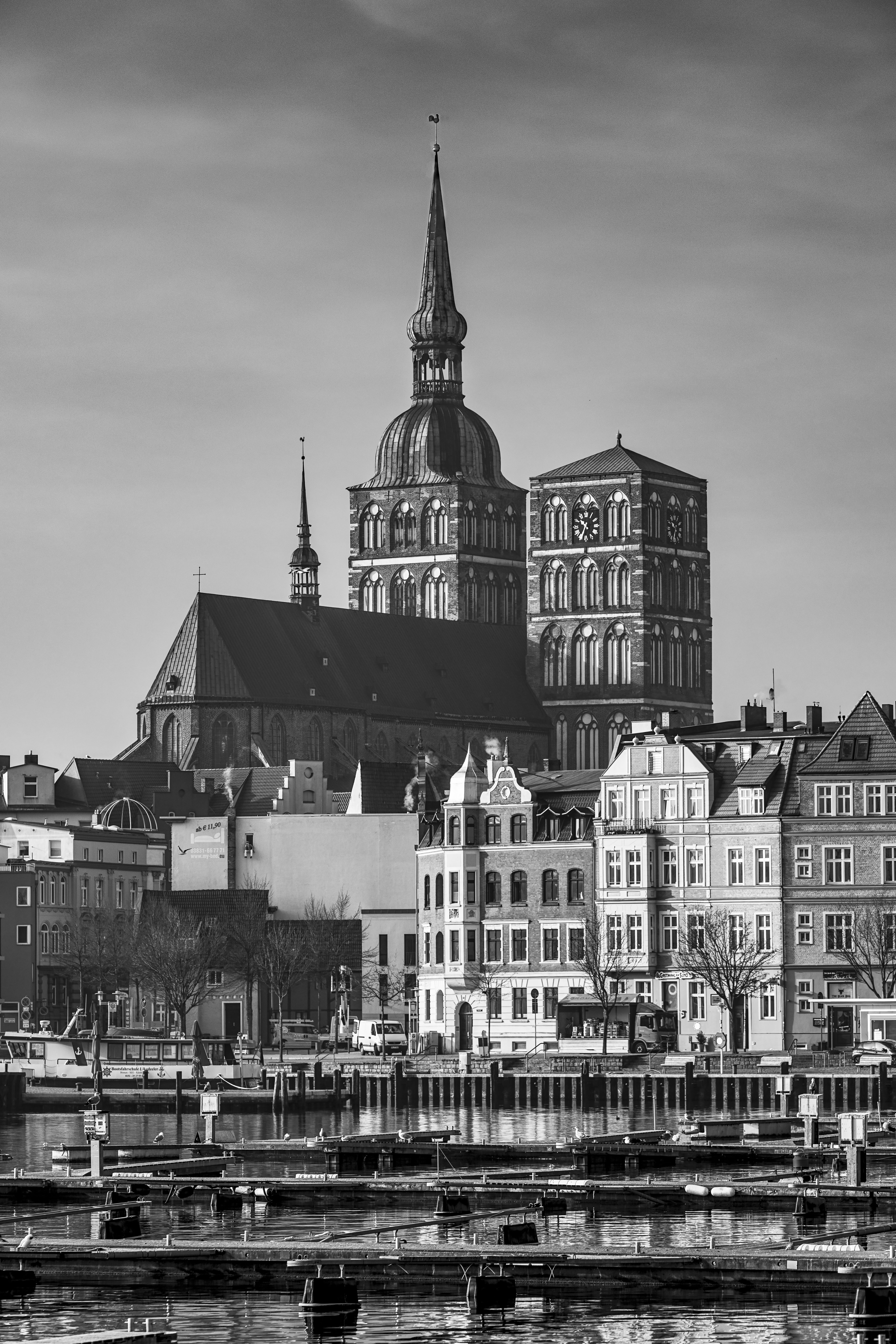 travel, spire, no people, river, transportation, built structure, stralsund, hanseatic city, city, historic center, cloud - sky, tourism, religion, water, Phone HD Wallpaper