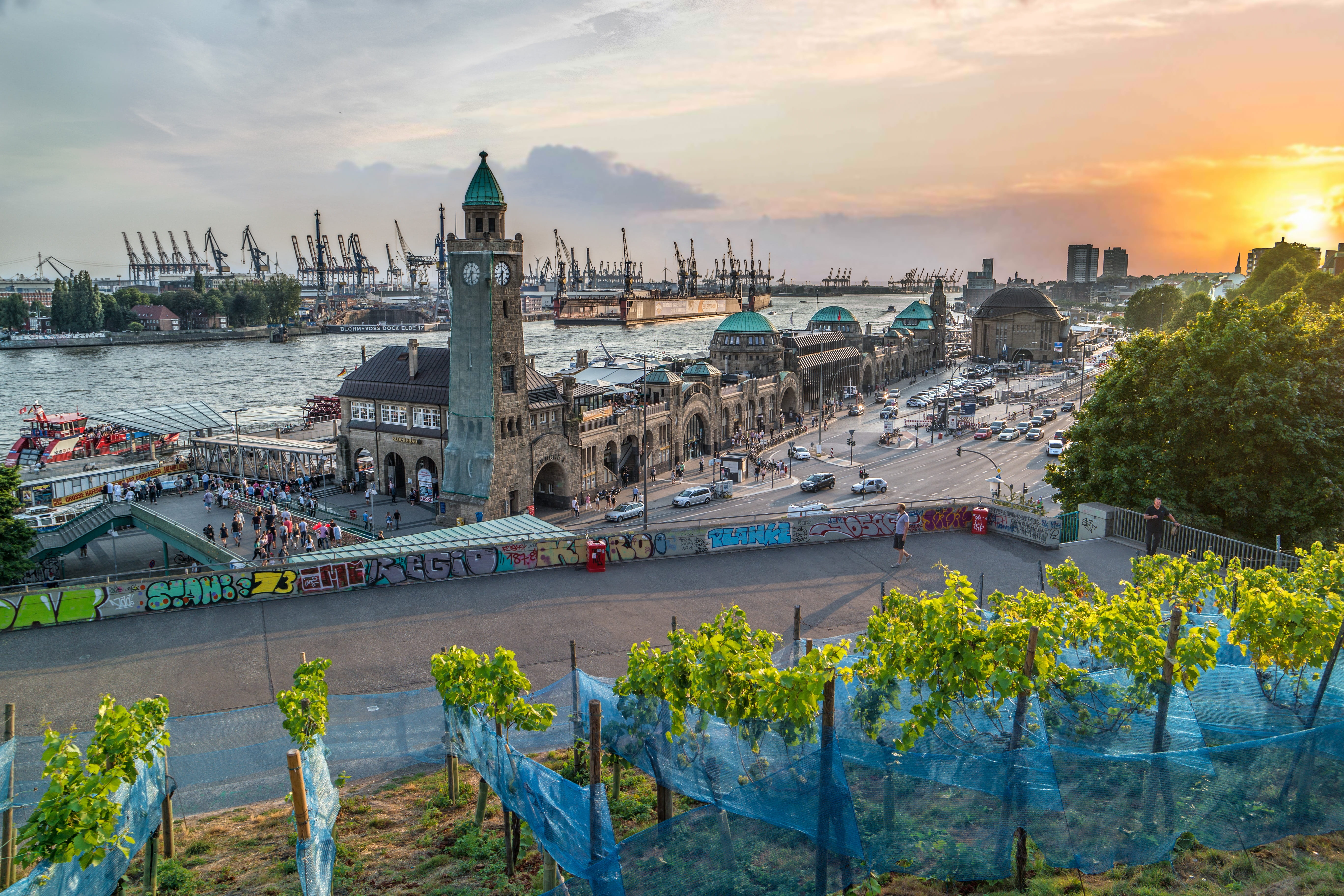 sunset, no people, water, cloud - sky, sky, port, place of worship, elbe, travel destinations, st pauli, transportation, belief, 5K, spirituality, outdoors, HD Wallpaper