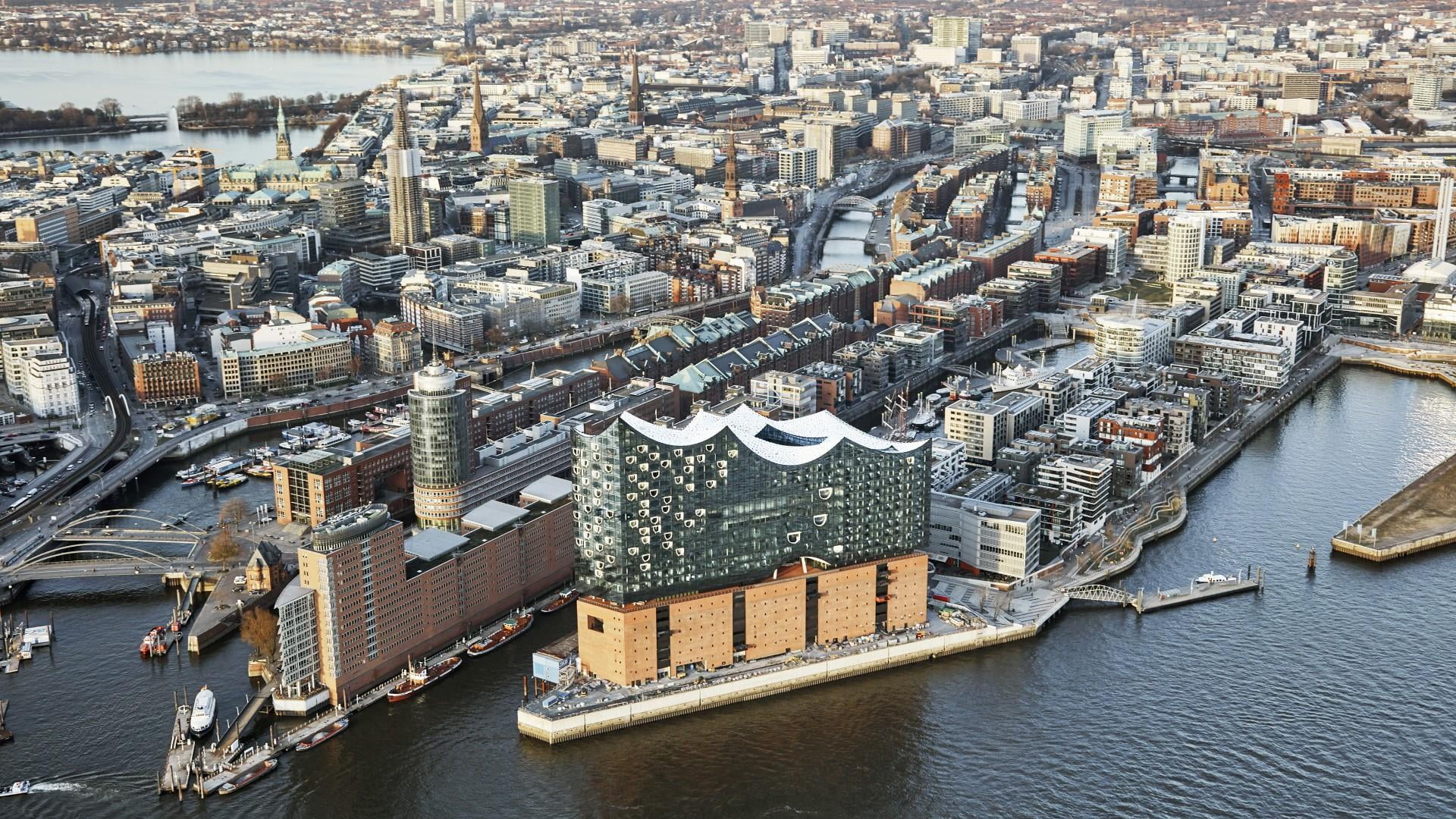 city, nature, transportation, skyscraper, no people, architecture, europe, high angle view, outdoors, urban, elbphilharmonie, harbour, day, water, 1080P, HD Wallpaper