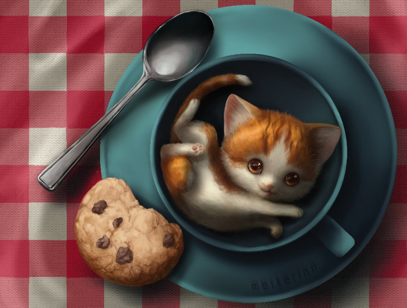 cookies, humor, illustration, mammal, innocence, drawing, feline, Malwina Kwiatkowska, animal, 720P, pets, food, close-up, indoors, directly above, one animal, HD Wallpaper