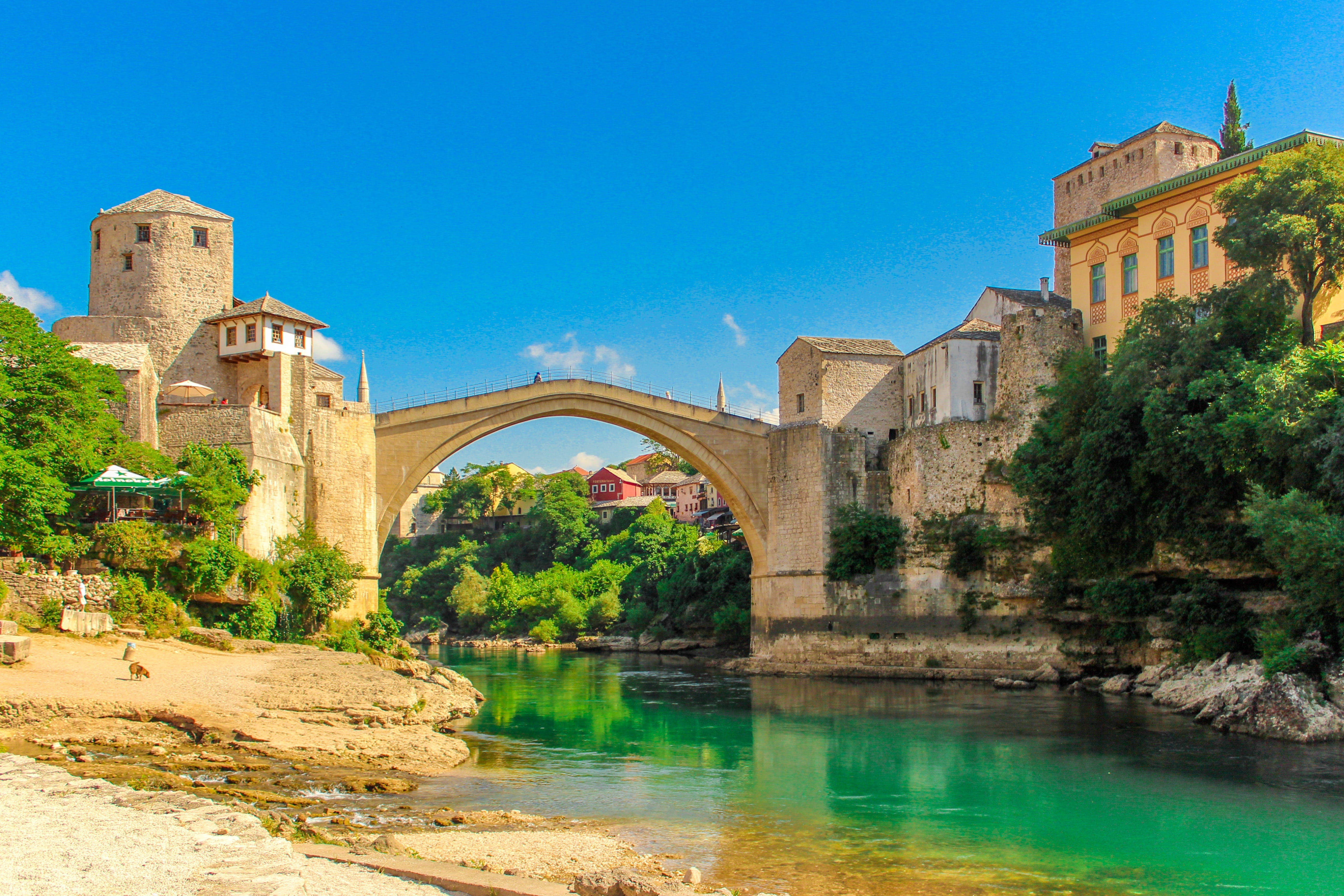 arch, landmark, outdoors, near, no people, travel, old, plant, symbol, herzegovina, white, sarajevo, flag, concrete, landscape, europe, arch bridge, history, HD Wallpaper