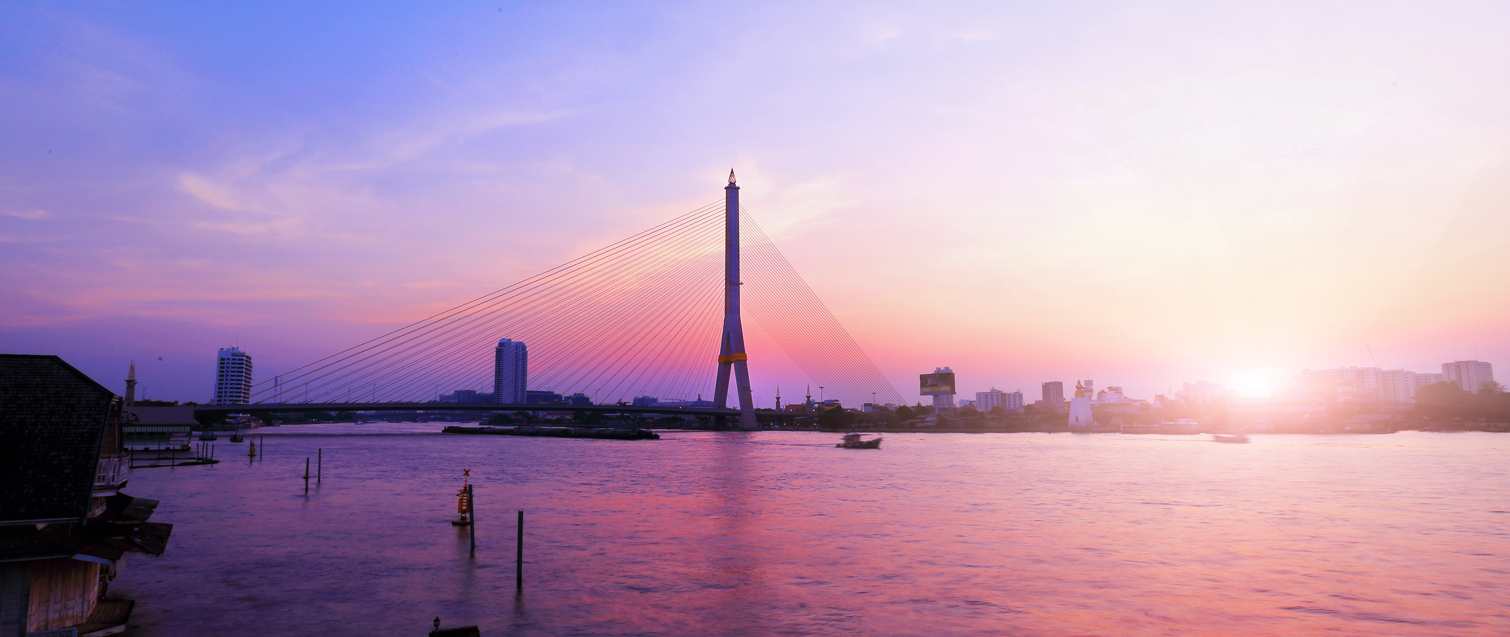 viii, building, transportation, modern, landscape, 4K, outdoors, photography, sky, suspension, office building exterior, river, thai, sun, light, landmark, HD Wallpaper