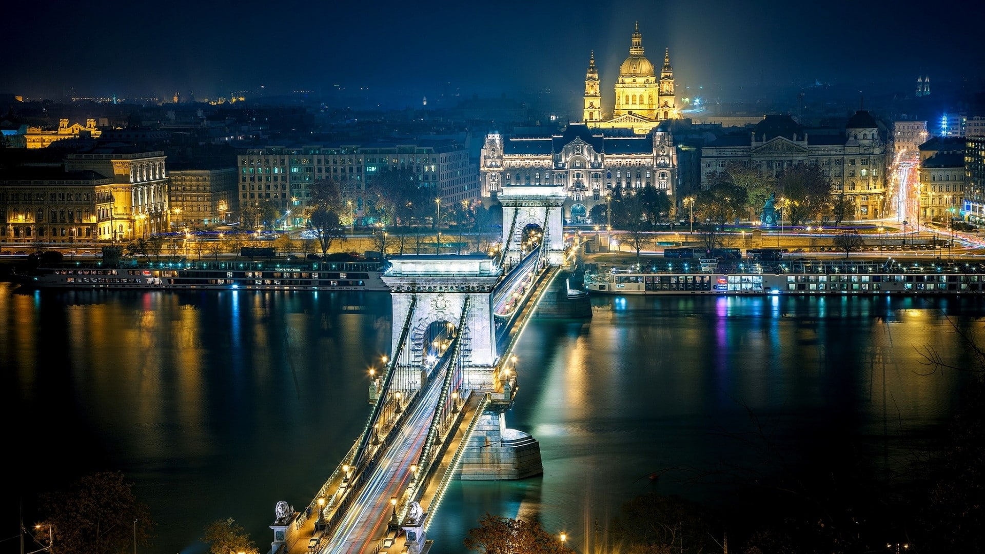 evening, waterfront, buildings, skyline, city, downtown, bridge, europe, lights, river, office, tower, 1080P, famous, sky, suspension bridge, panorama, HD Wallpaper