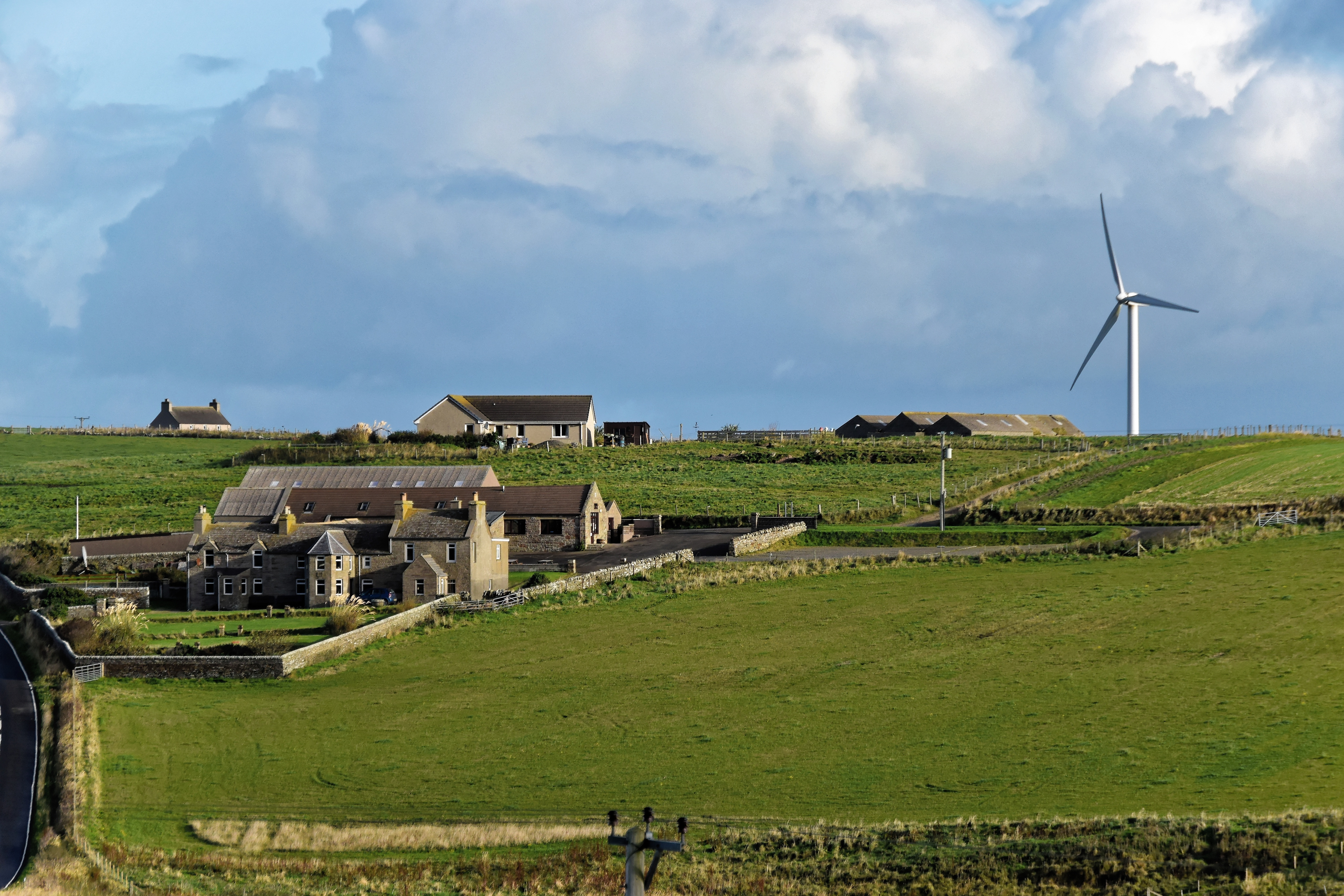 5K, farmland, autumn, green fields, electricity, sky, cloud - sky, farm field, land, renewable energy, day, built structure, field, scenery, clouds, turbine, HD Wallpaper