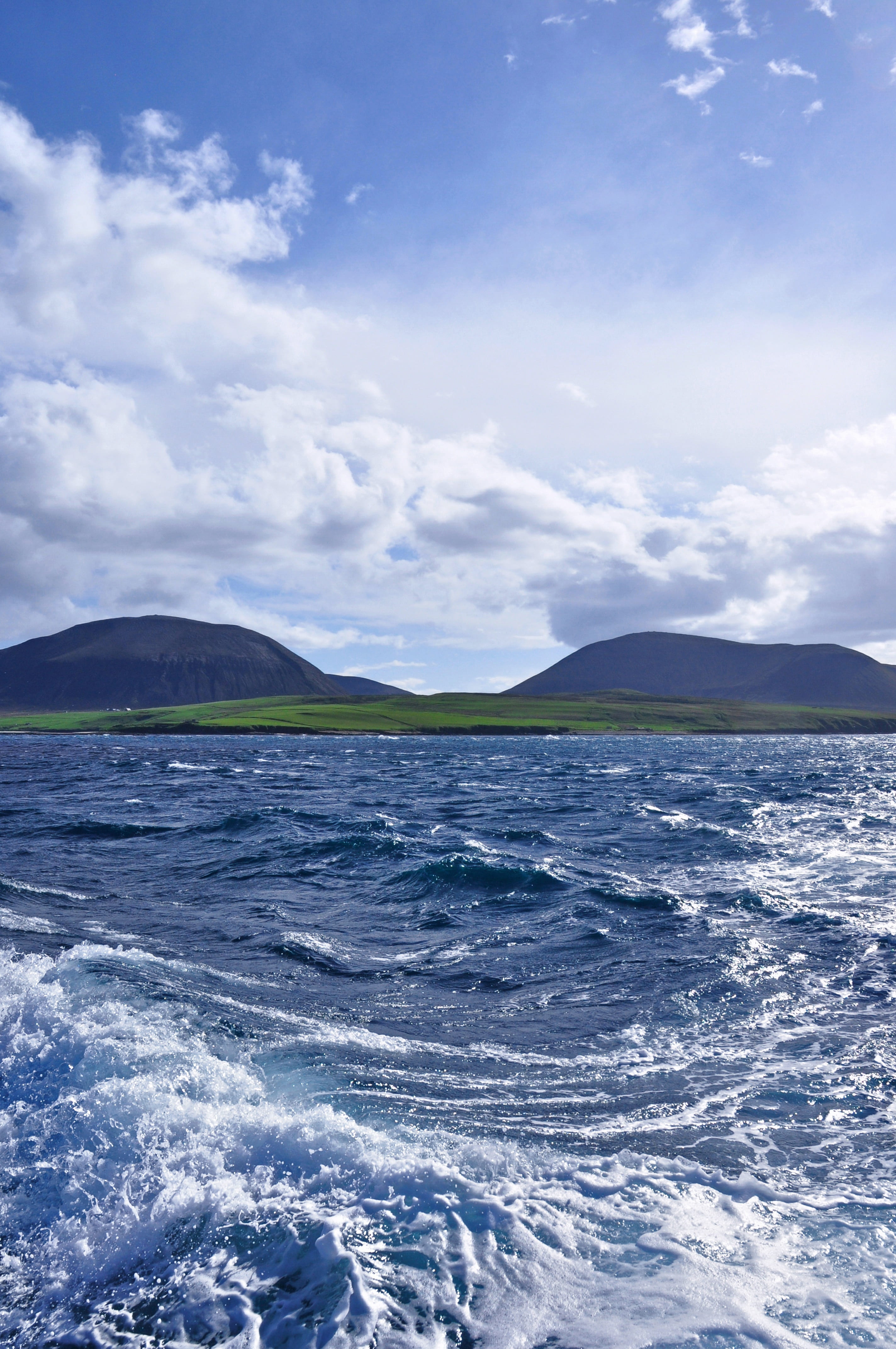 mountain, blue, summer, shore, environment, outdoors, spring, sea, seaside, seascape, vertical, nature, waves, tranquility, clouds, sky, mountains, orkney, Phone HD Wallpaper