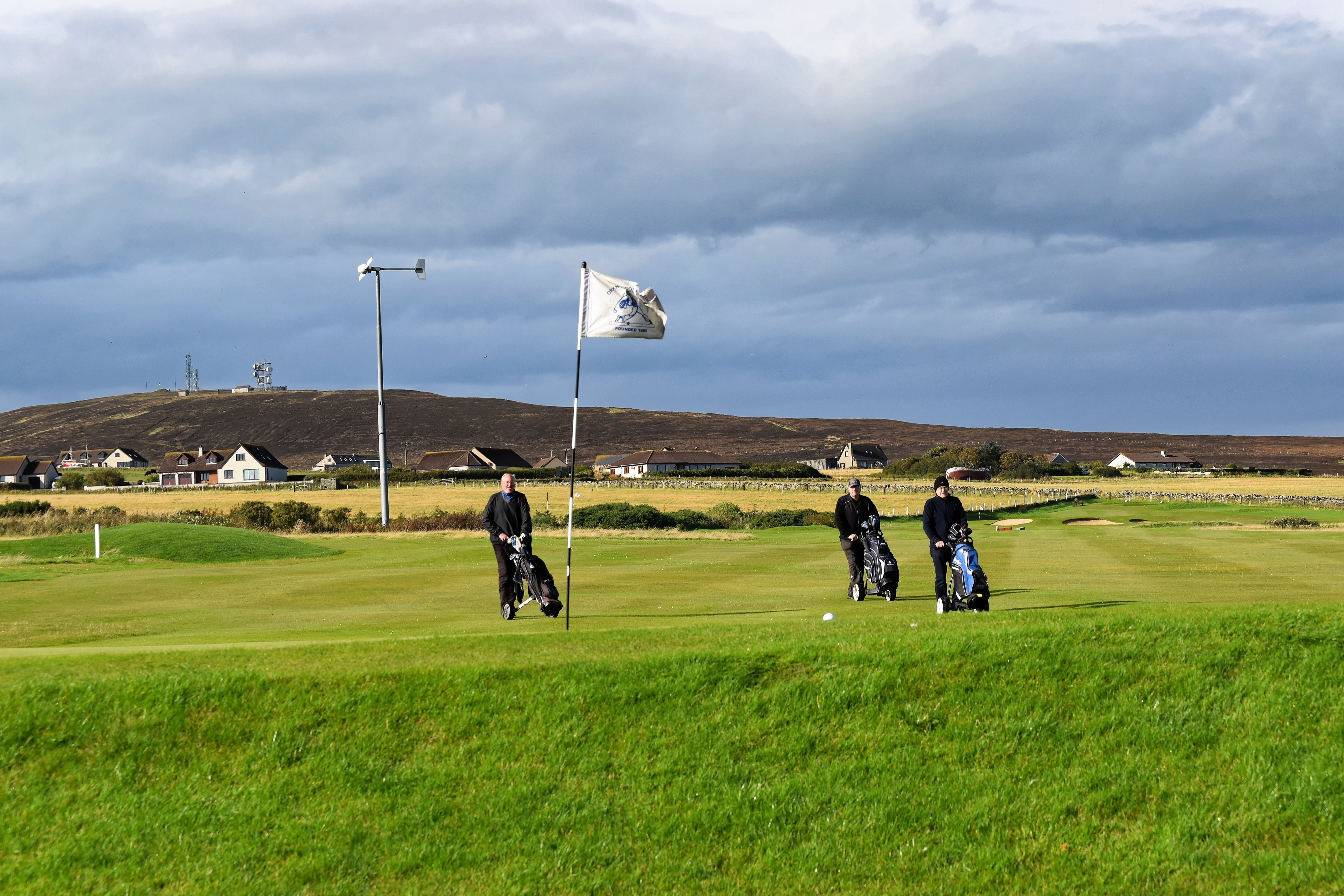 grass, plant, sunny, golf course landscape, fairway, entertainment, blue sky, environment, grey sky, trolley, lifestyles, slope, equipment, leisure activity, HD Wallpaper