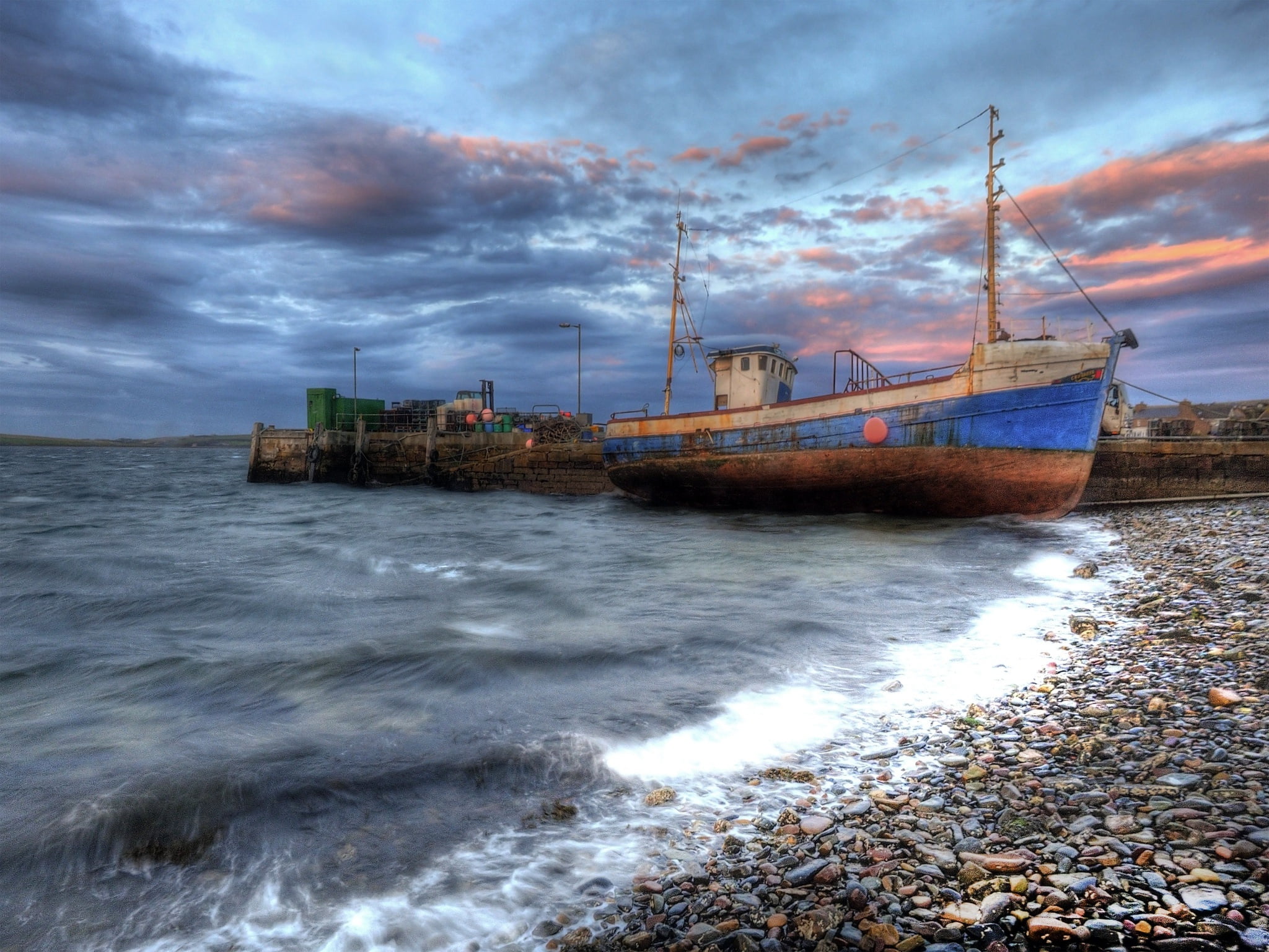 ship, shore, sea, Orkneys sunrise, 1080P, HD Wallpaper