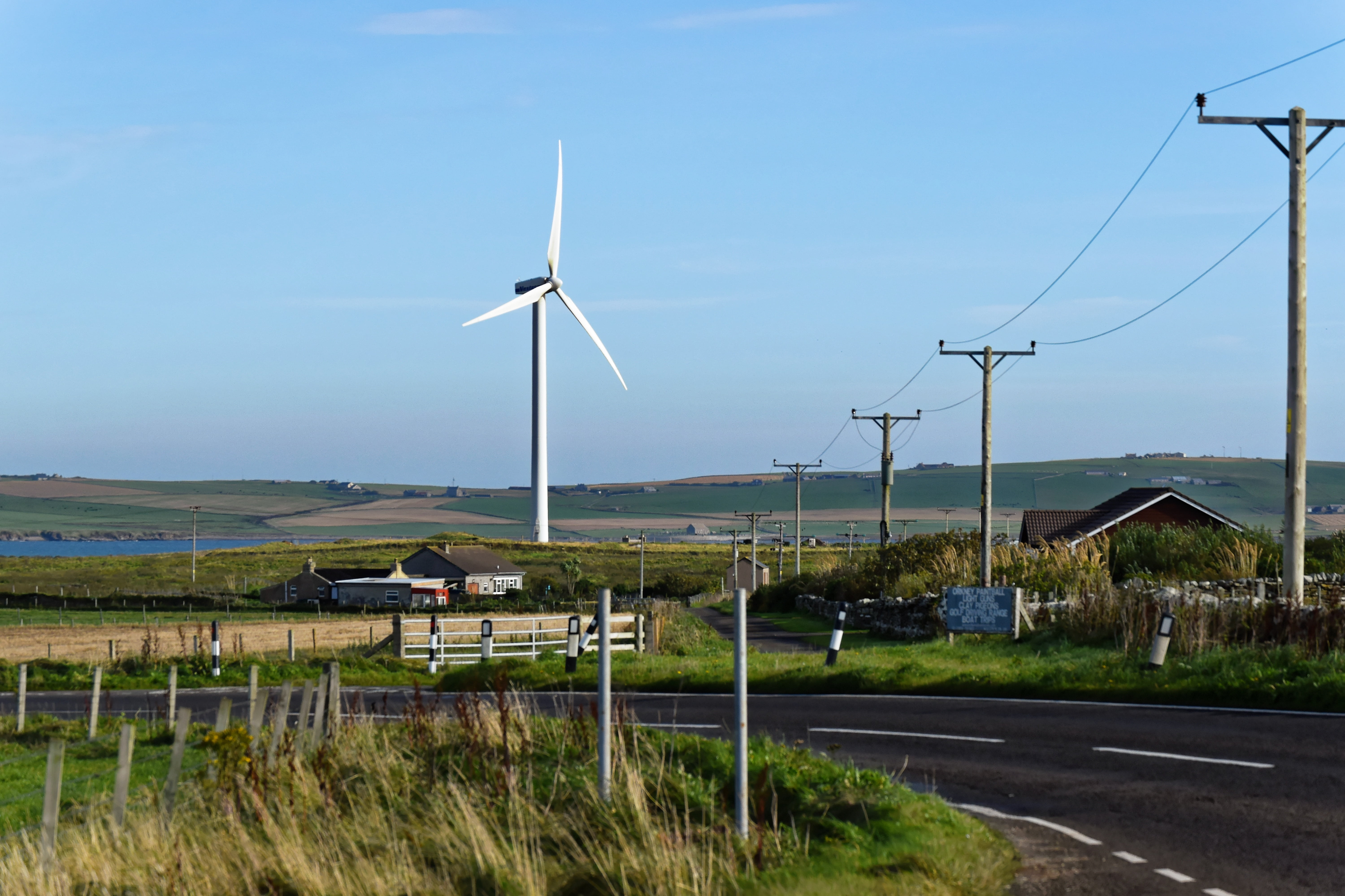 turbine, outdoor, renewable energy, green, environment, autumn, no people, landscape, outdoors, countryside, cable, day, telephone poles, rooftops, farm, HD Wallpaper