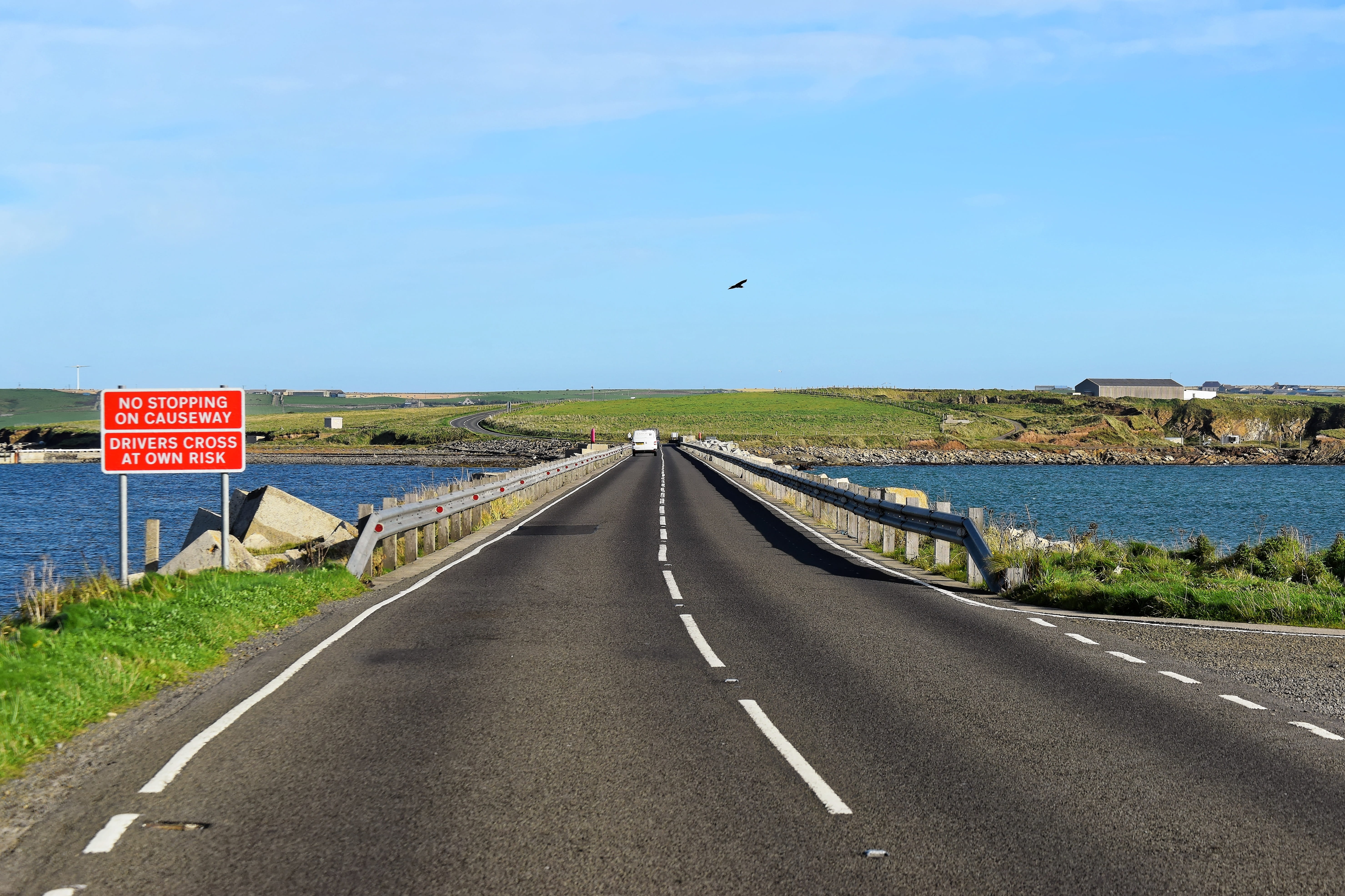 Causeway, day, nature, blue sky, car, 5K, scenery, vanishing point, blue, scene, the way forward, transportation, scotland, green, no people, bird, plant, HD Wallpaper