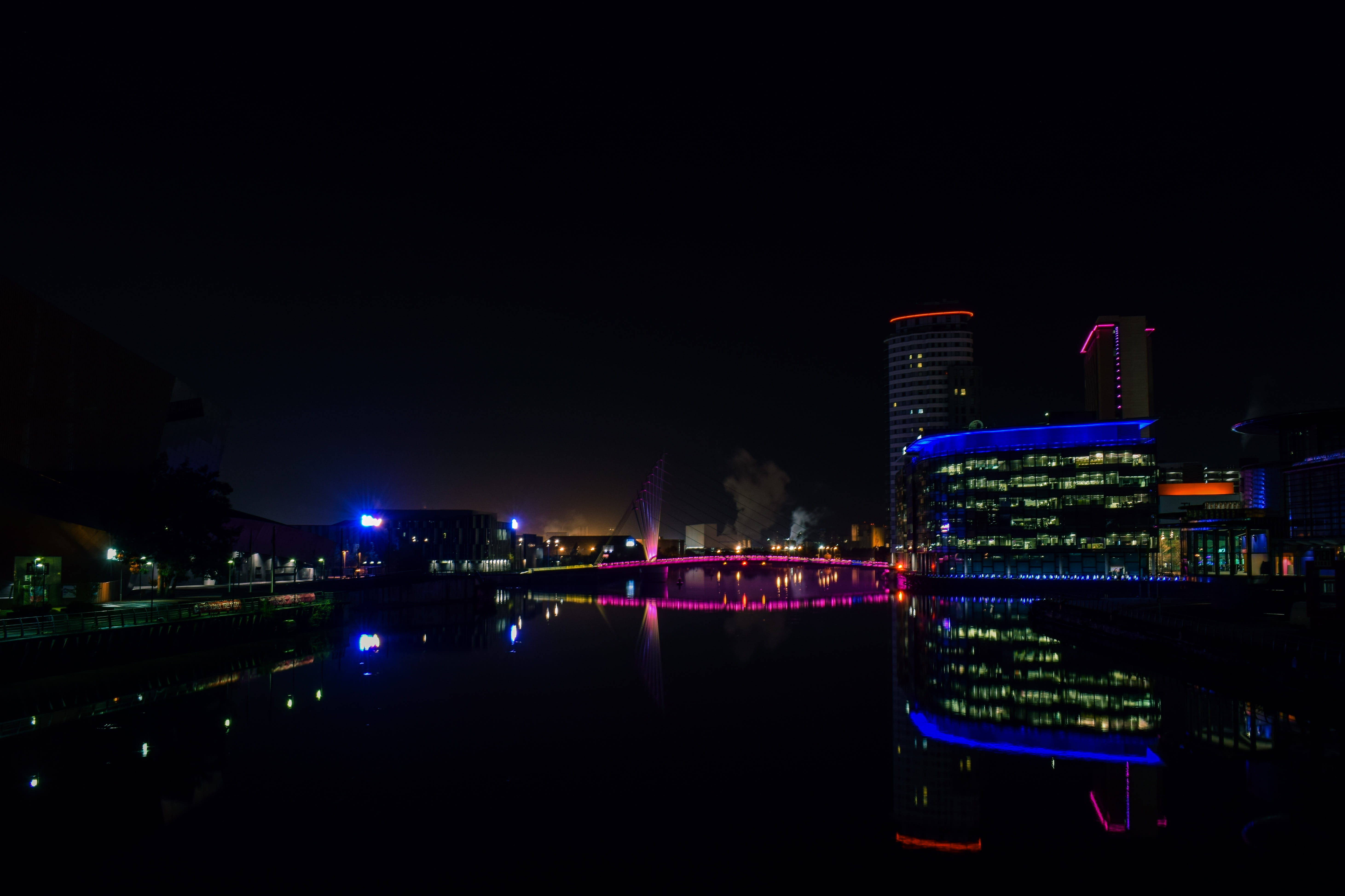skyscraper, sky, canal, built structure, salford, water, illuminated, tall - high, landmark, Media City, ship, no people, office building exterior, reflection, HD Wallpaper