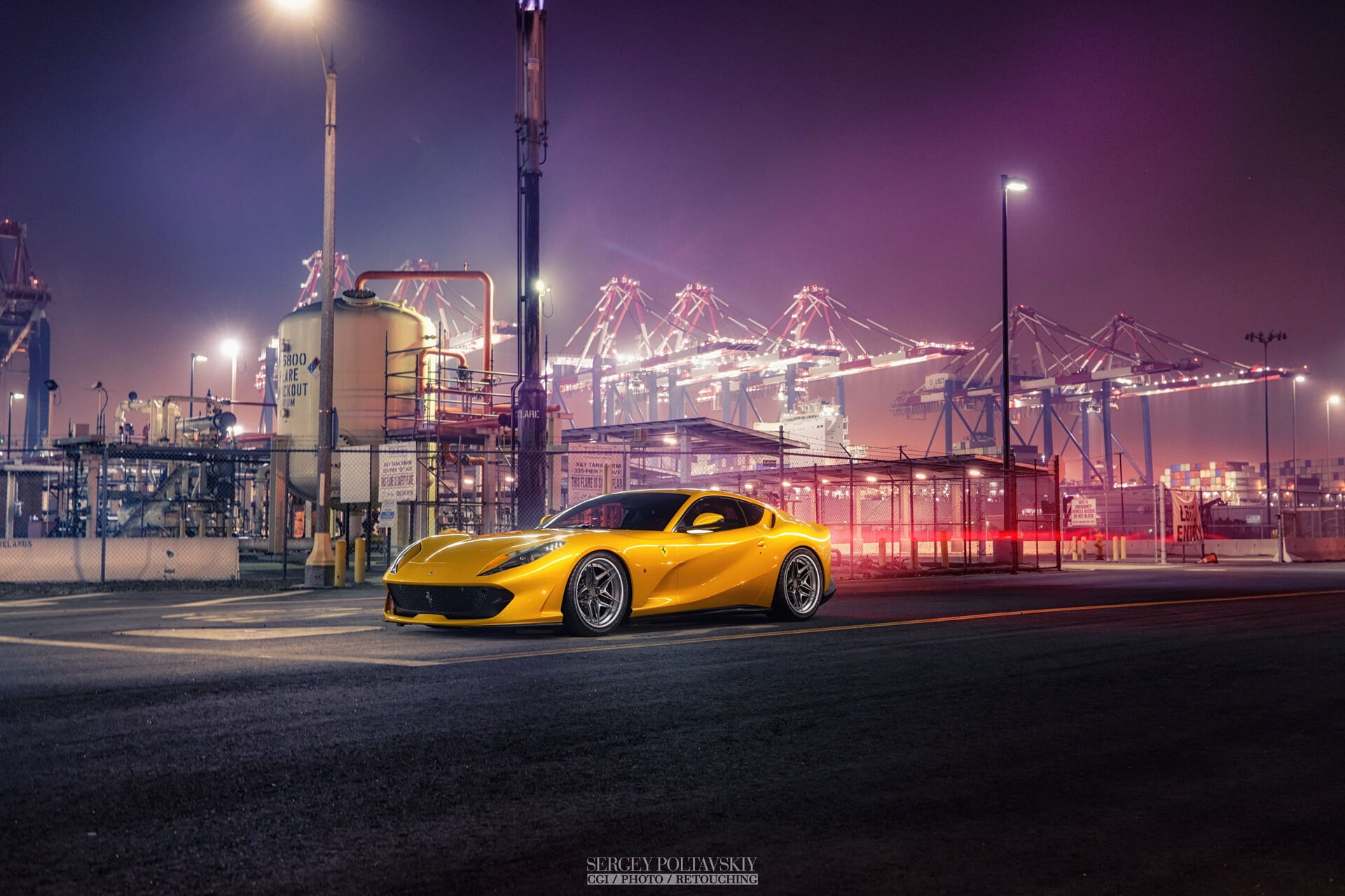 Yellow, Machine, Sports car, Superfast, Auto, 812, Render, Car, Terminal, Supercar, by Sergey Poltavskiy, Port, Sergey Poltavskiy, 1080P, Ferrari 812 Superfast, HD Wallpaper
