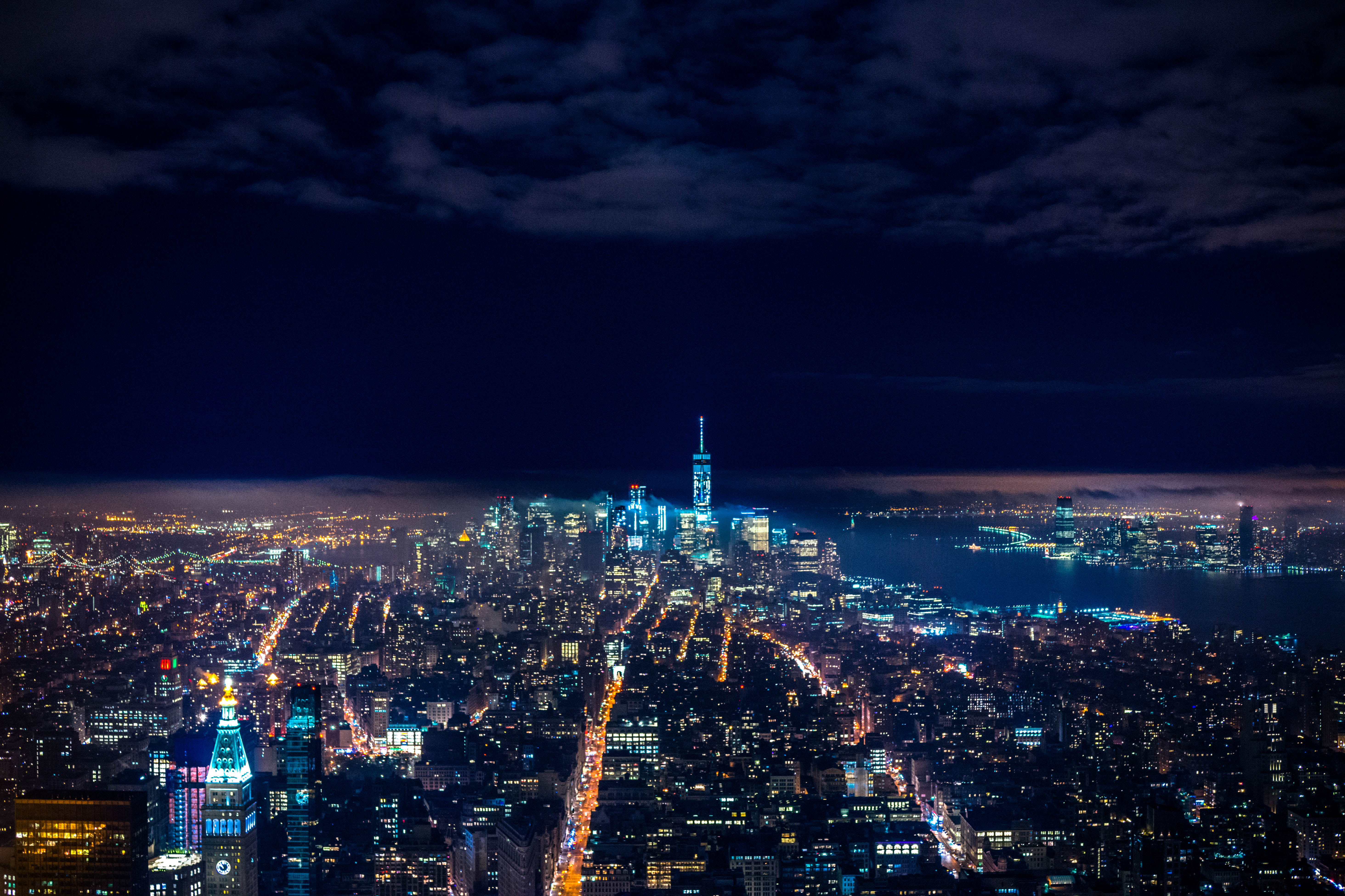 illuminated, built structure, photography, night, spire, sea, harbor, pier, panorama, background, outdoors, downtown, urban, water, modern, traffic, cloud - sky, HD Wallpaper