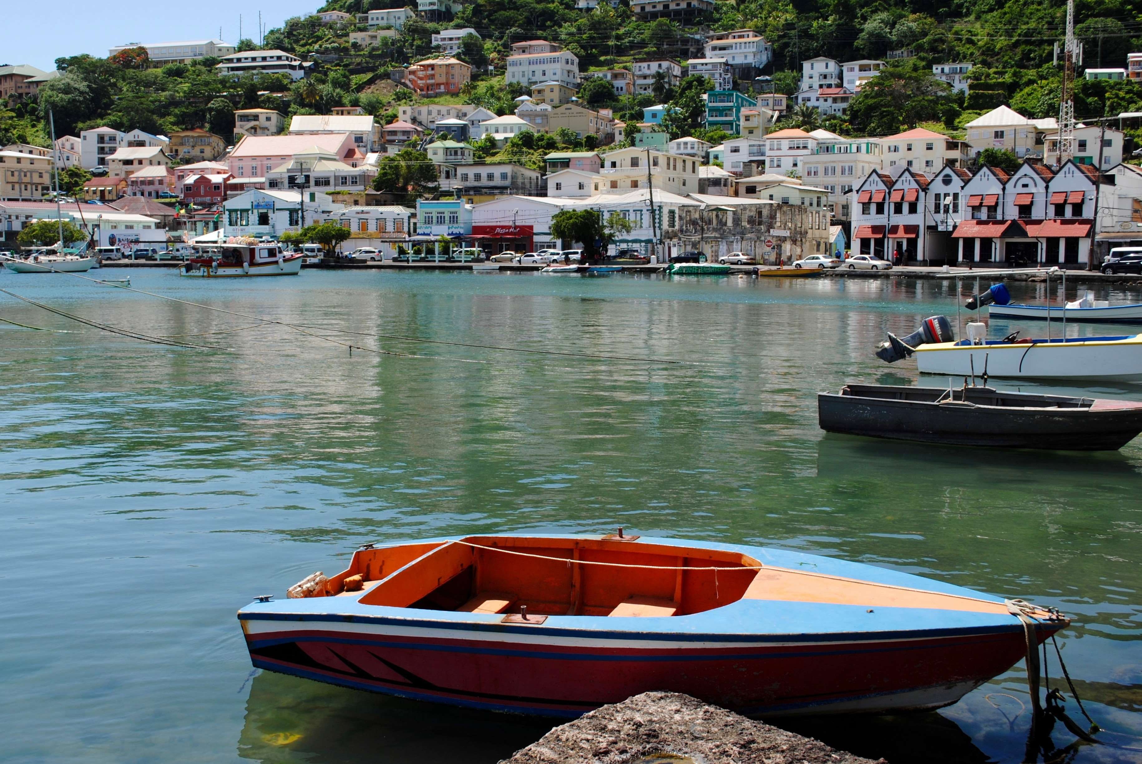 mode of transportation, paradise, town, scenery, architecture, moored, coast, wes, caribbean, grenada, dinghy, shoreline, waterfront, nature, bay, sea, HD Wallpaper