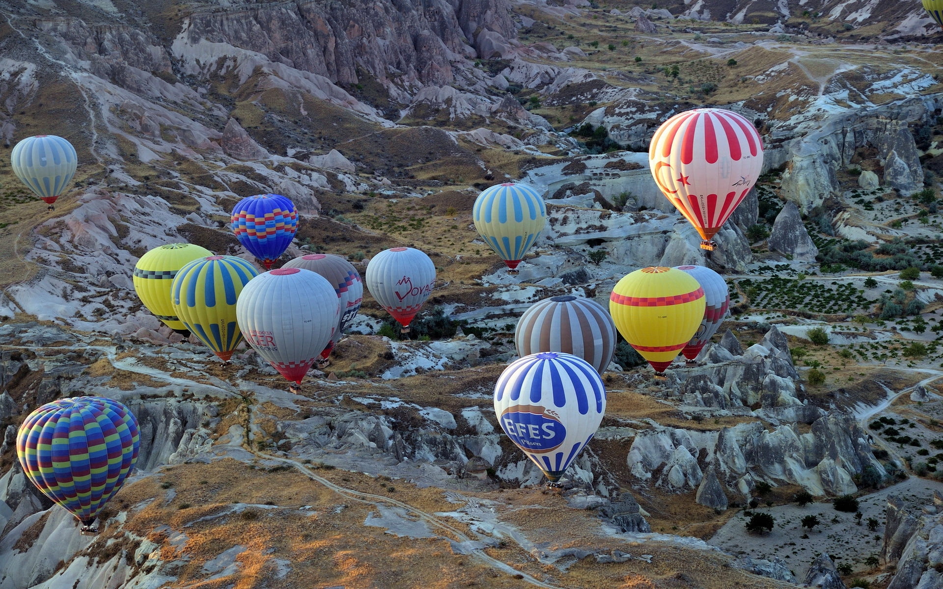 mountain, 1080P, day, cultures, air vehicle, rock, journey, blue, hot, tourism, travel Destinations, balloons, hot Air Balloon, sky, balloon, beauty in nature, HD Wallpaper