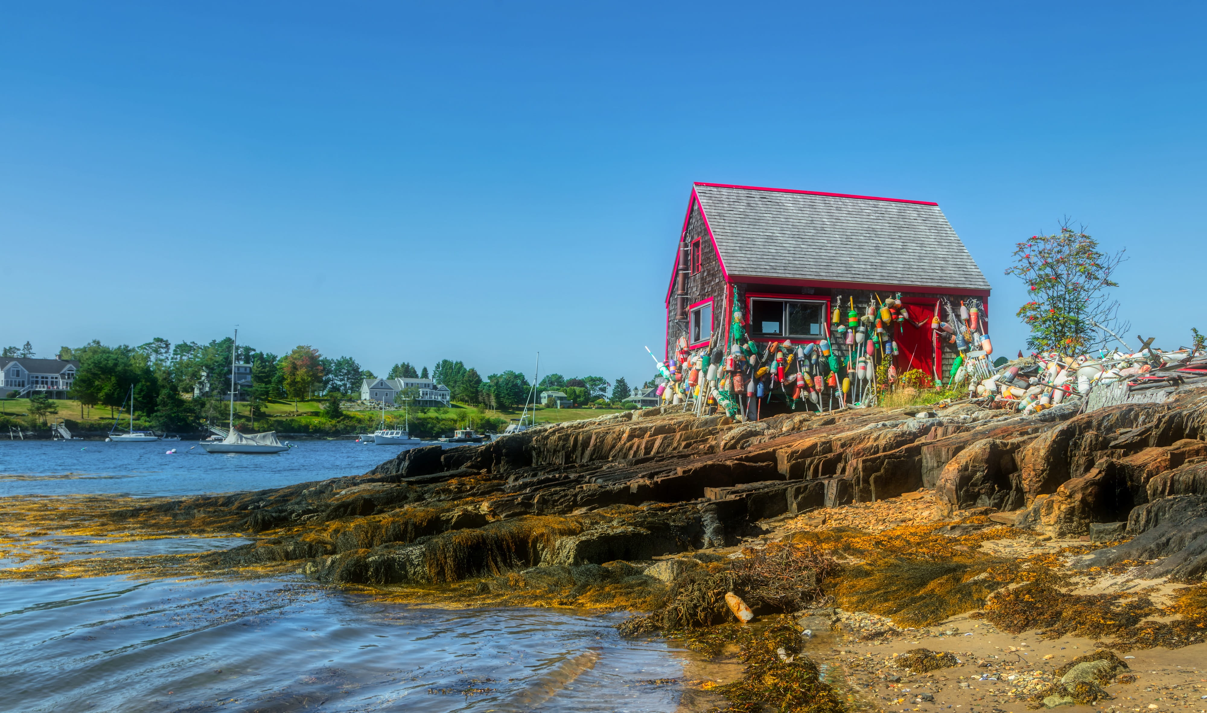 no people, waterfront, clear sky, nature, building exterior, architecture, landscape, buoys, land, lobster shack, maine, harbor, new england, scenics - nature, HD Wallpaper