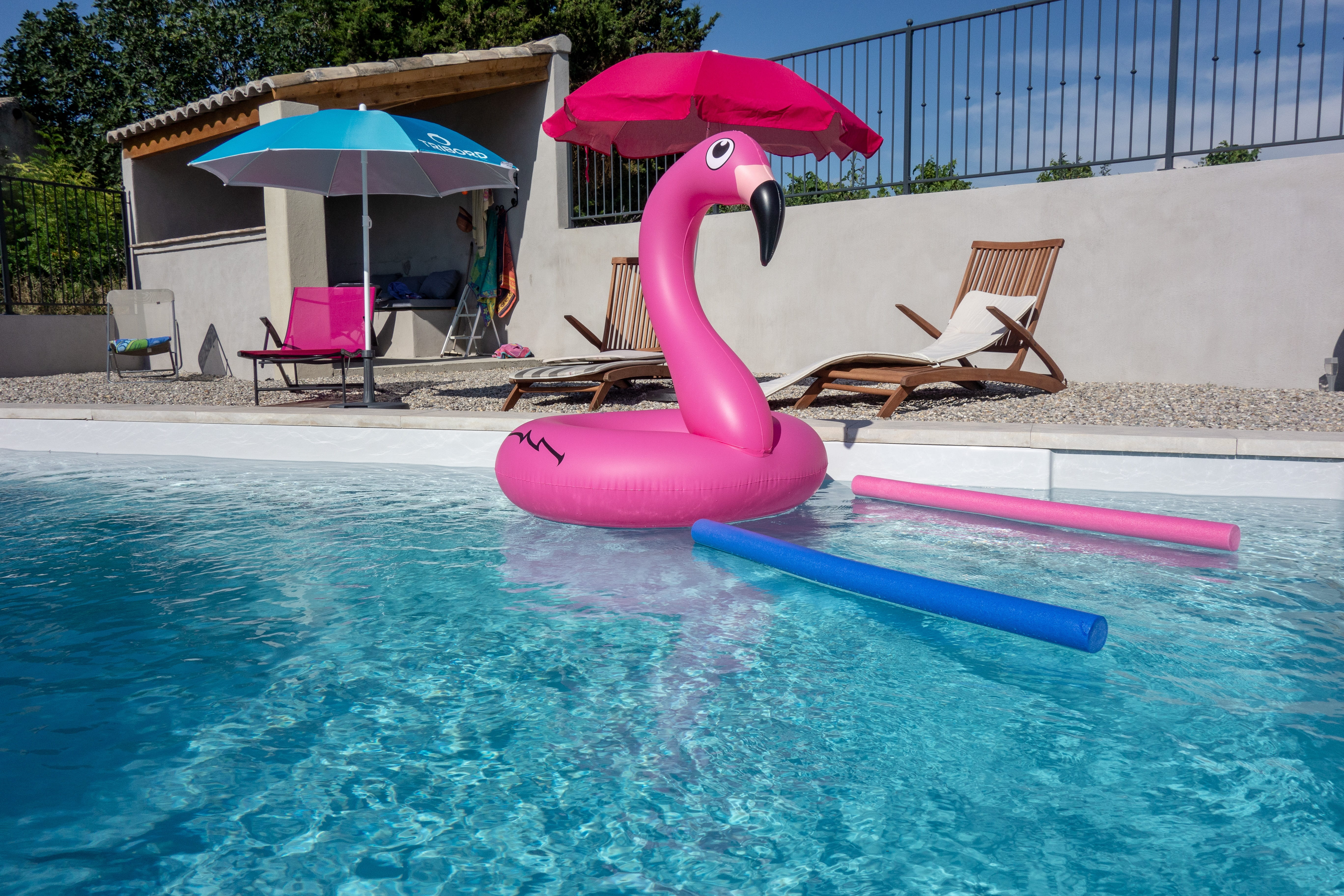 swimming pool, summer, water, built structure, pink color, pool raft, absence, sun, tourism, blue, pink, buoy, day, outdoors, holiday, architecture, nature, HD Wallpaper