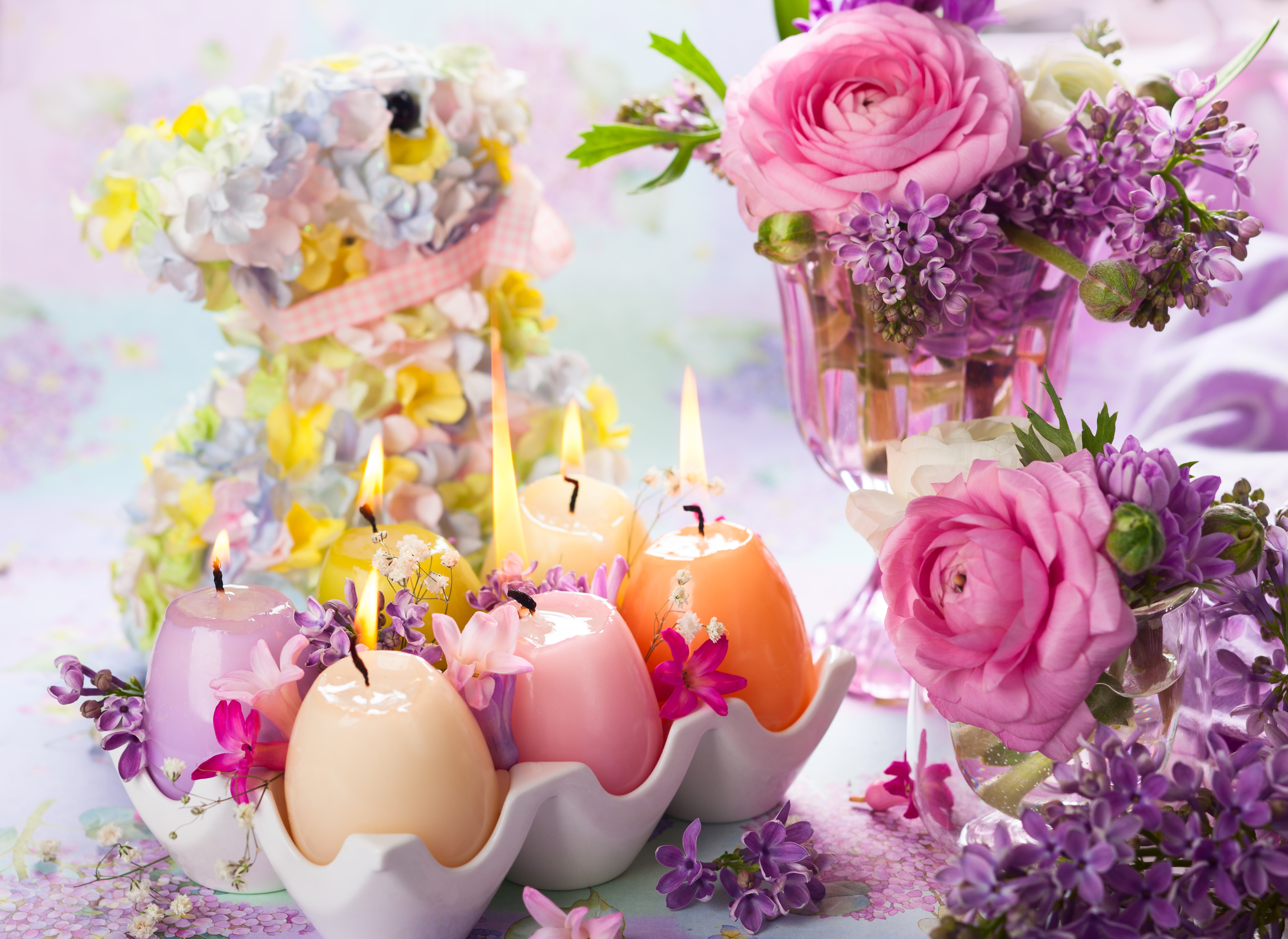 flower arrangement, rose, vase, close-up, no People, candle, 5K, table, beauty in nature, birthday, leaf, love, bouquet, wedding, yellow, decoration, Ranunculus, HD Wallpaper