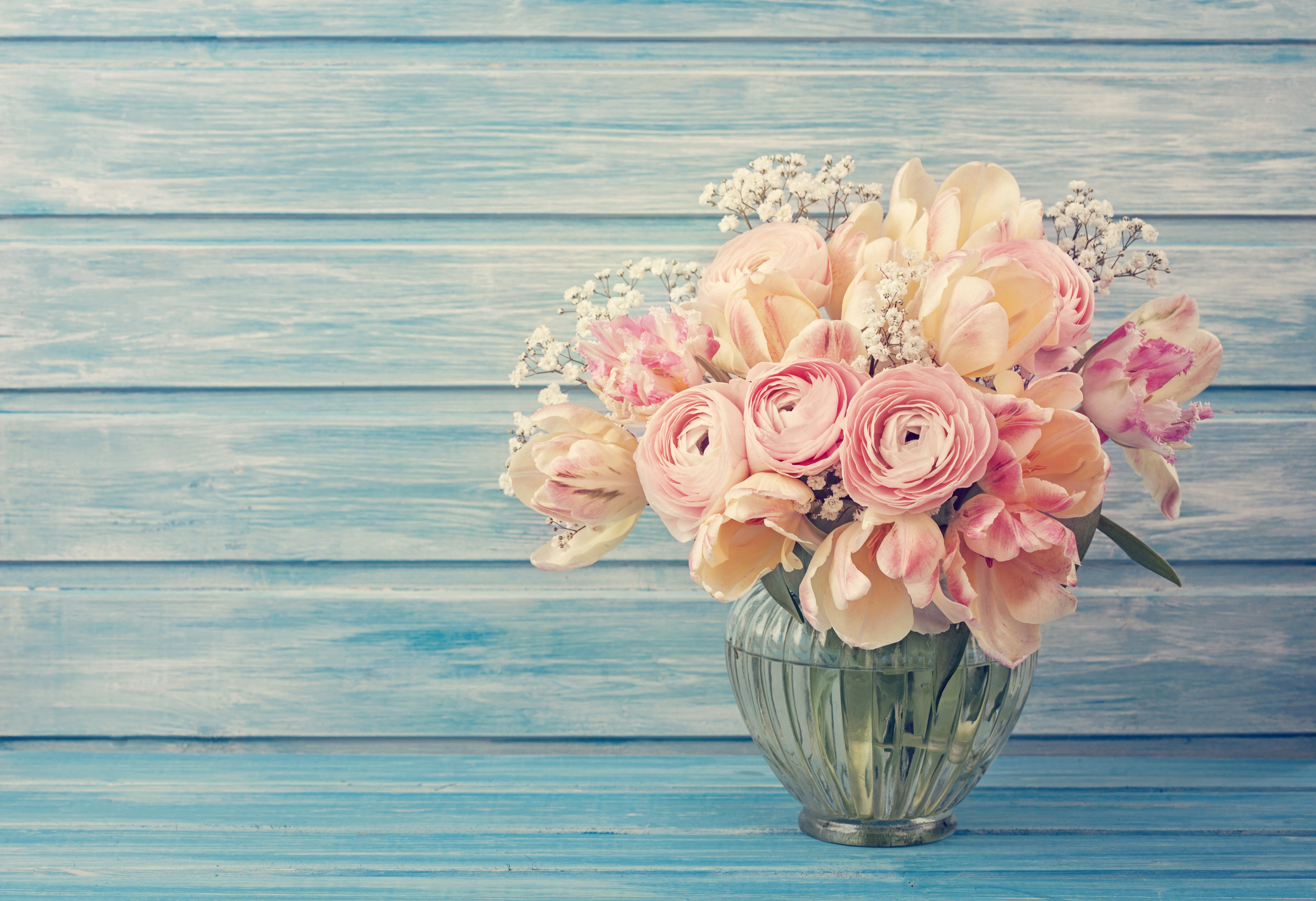 Flowers, bouquet, plant, pink, wood - material, vase, table, 5K, petaled, close-up, beauty in nature, flower head, nature, indoors, flower arrangement, HD Wallpaper