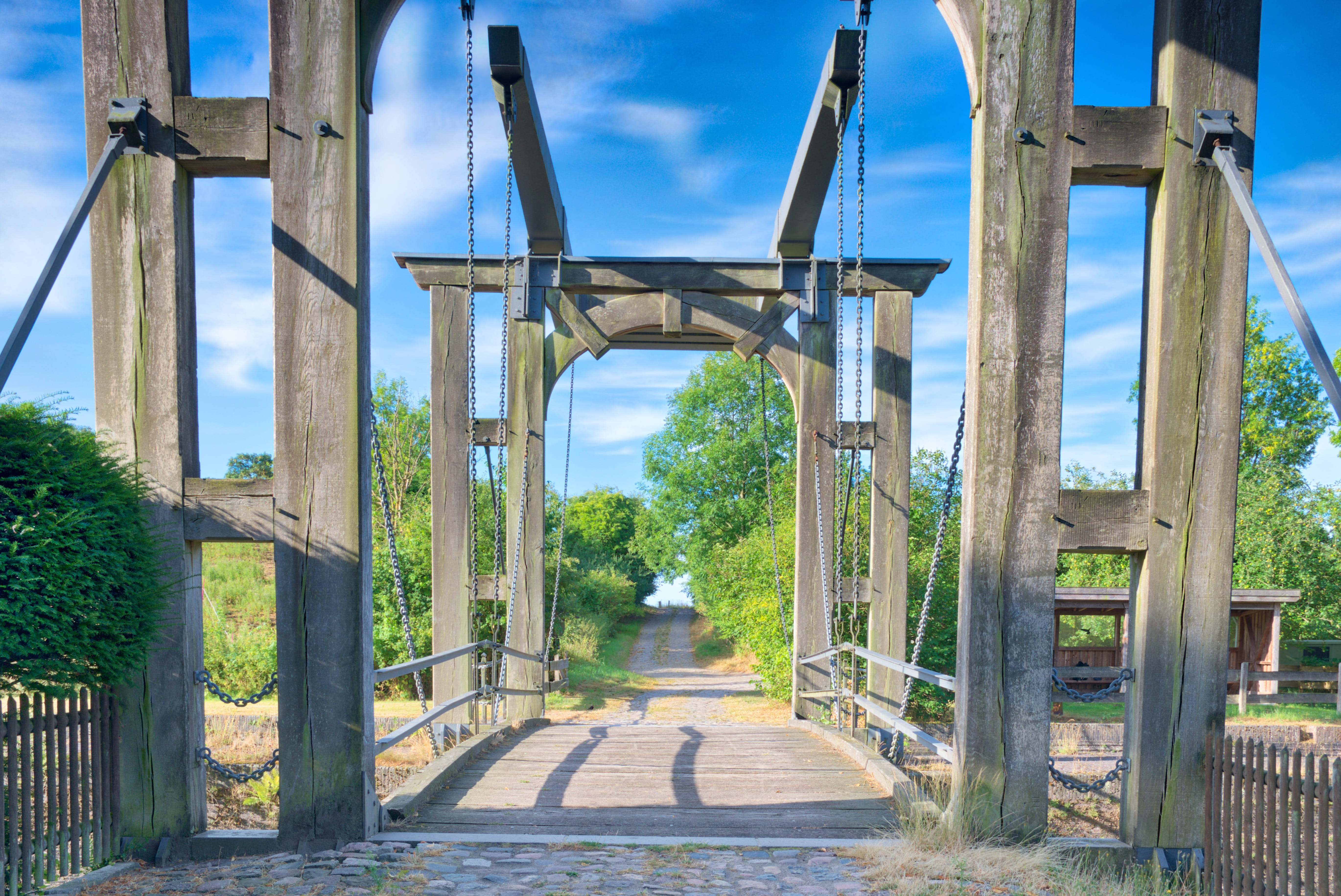 sky, outdoors, nature, no people, wooden bridge, bridge - man made structure, the way forward, bascule bridge, architecture, crossing, architectural column, HD Wallpaper