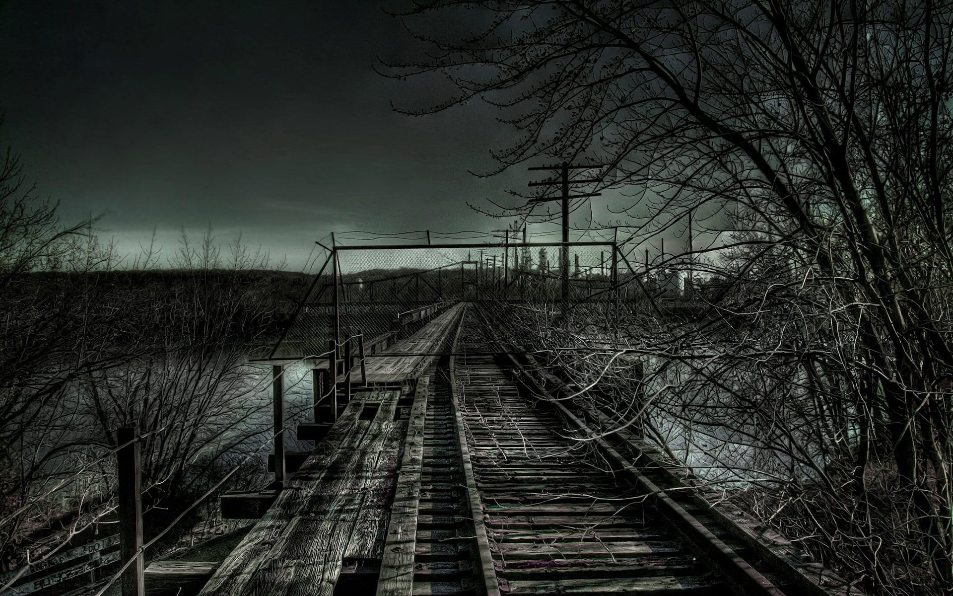 power lines, dark, railway, 1080P, fence, HD Wallpaper