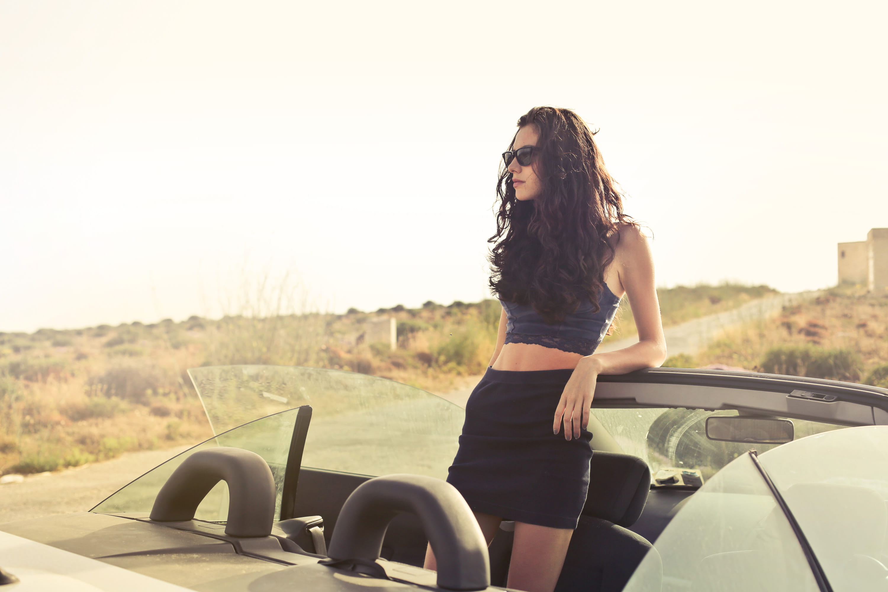 beauty, black miniskirt, young adult, miniskirt, vacation, hairstyle, black, 2K, convertible, land vehicle, stopped, daytime, cabrio, beautiful woman, HD Wallpaper