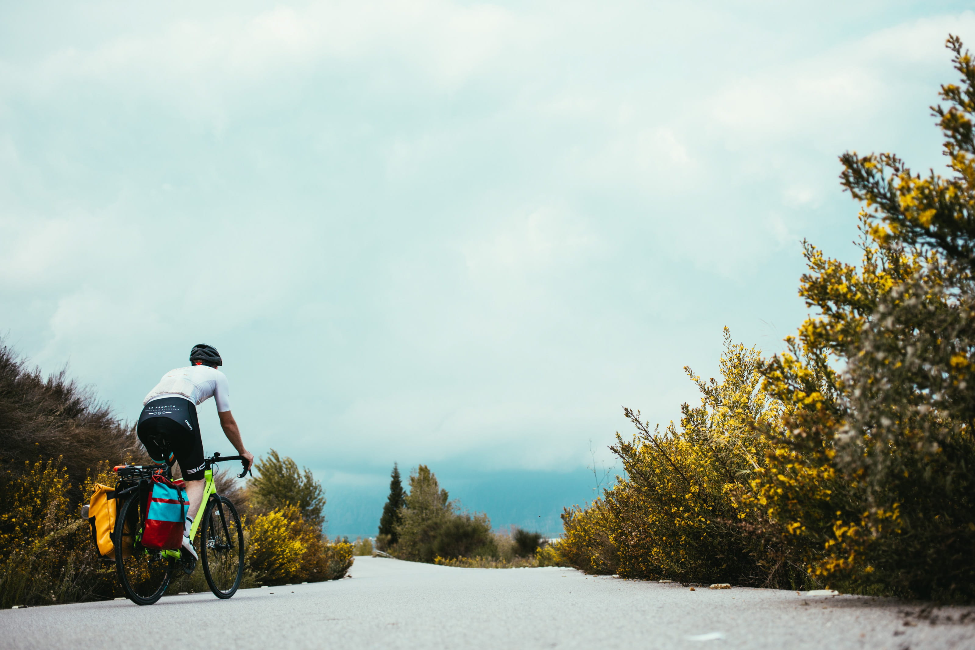 helmet, Green, rural, lifestyles, day, route, outdoor, crash helmet, asphalt, getaway, day trip, Scenic, rear view, ride, curve, country, road, overcast, HD Wallpaper