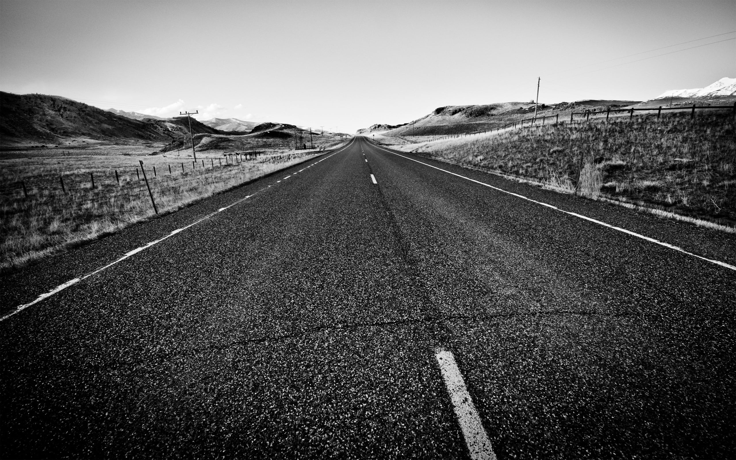 square, asphalt, roadside, no People, distance, non-Urban Scene, nature, country road, diminishing perspective, dividing Line, summer, black And White, HD Wallpaper