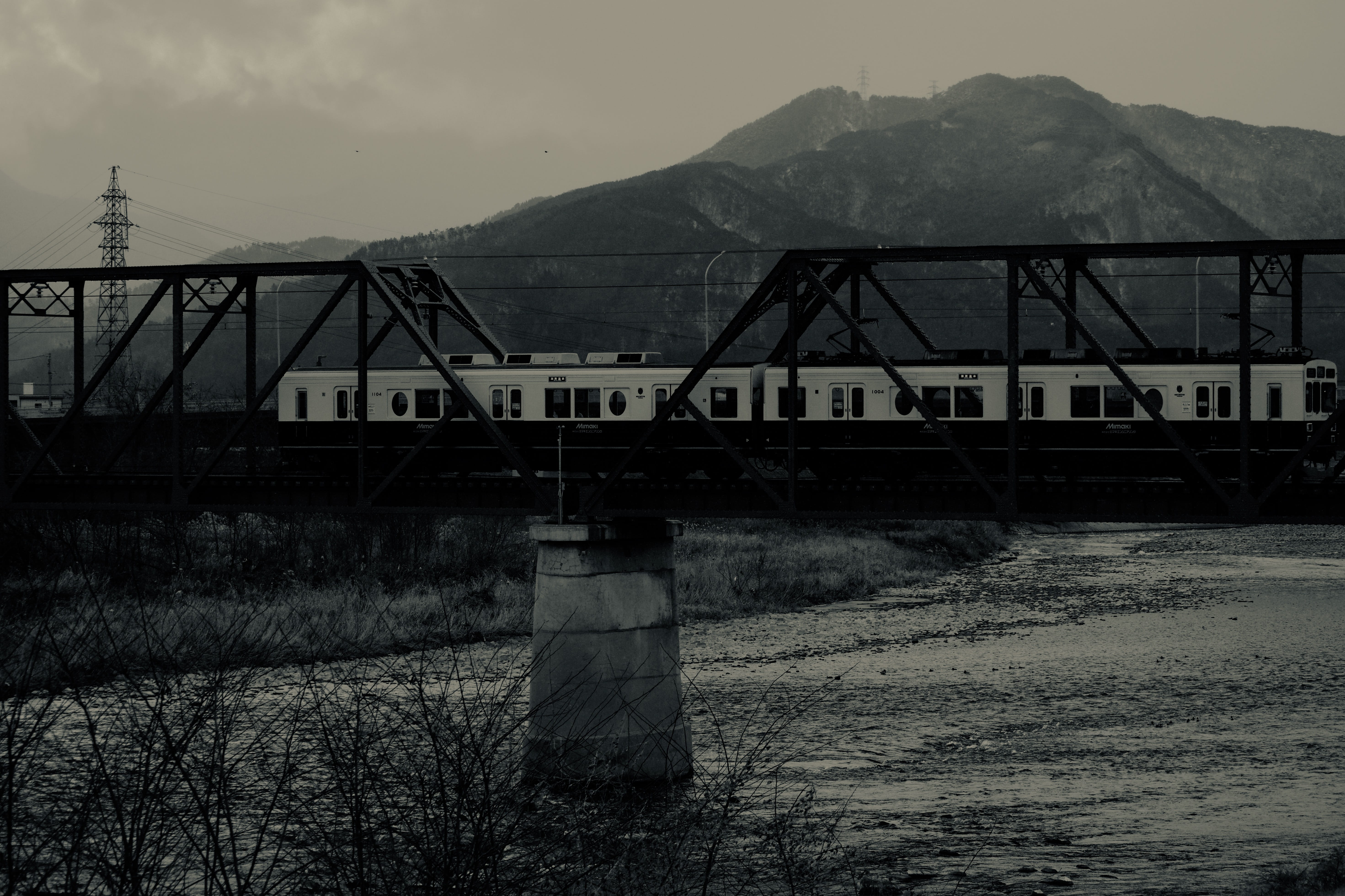 plant, sky, silverstone, land, no people, railway, locomotive, plants, nagano prefecture, grass, nature, rail, mountain range, river, water, bridge, day, HD Wallpaper