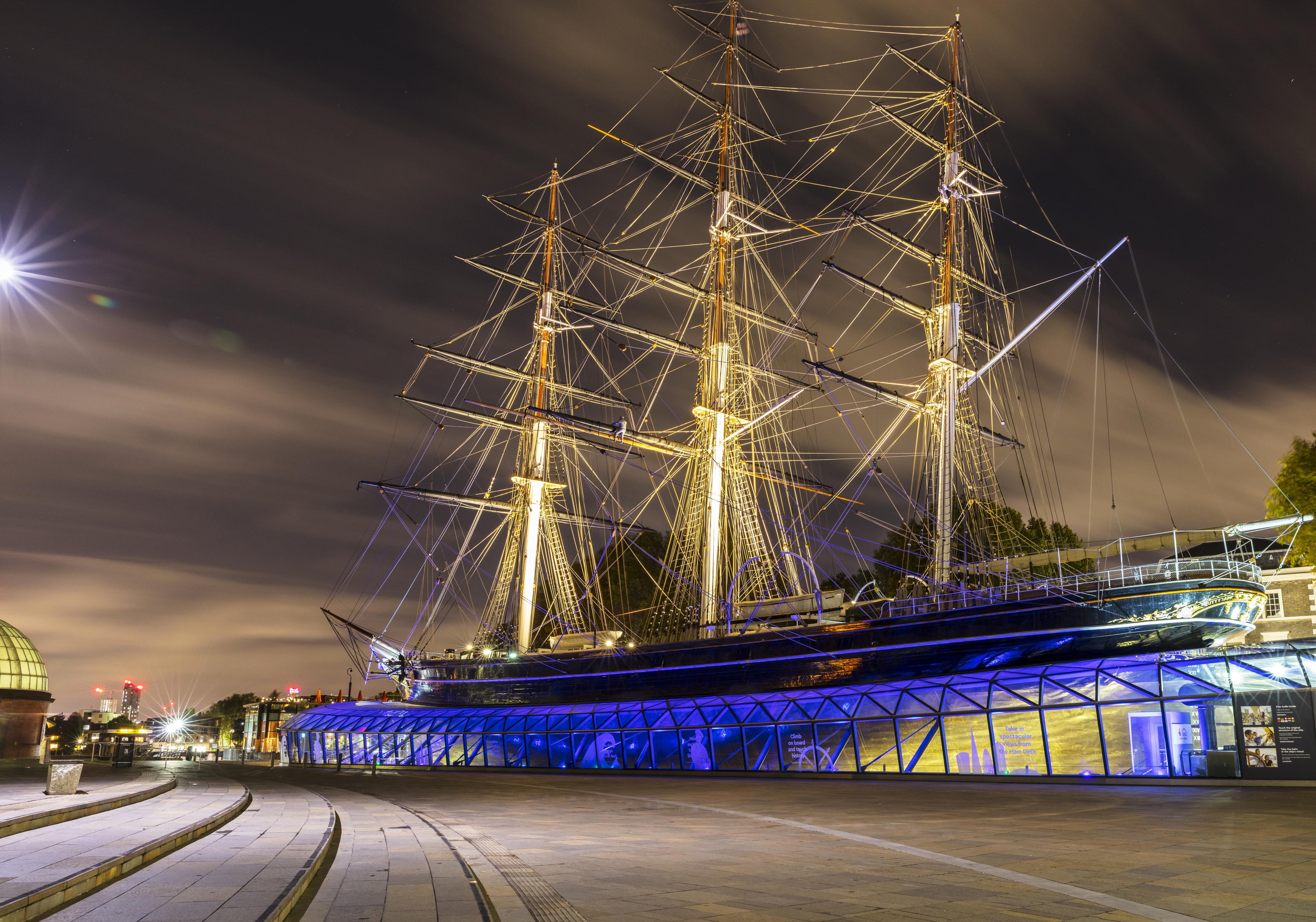 Night, England, Cutty Sark Museum, Ship, Sailboat, The city, photo, 4K, Museum, London, HD Wallpaper