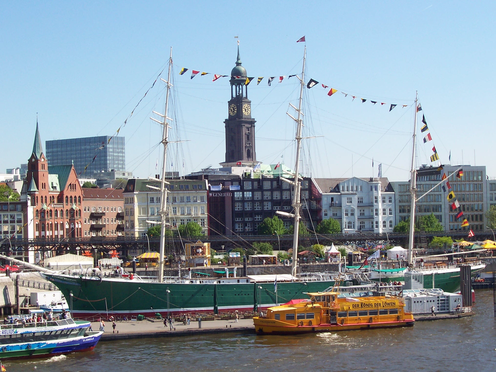 water, Hamburg, waterfront, rickmers, transportation, sky, building exterior, day, travel destinations, nautical vessel, built structure, harbor, port of hamburg, HD Wallpaper