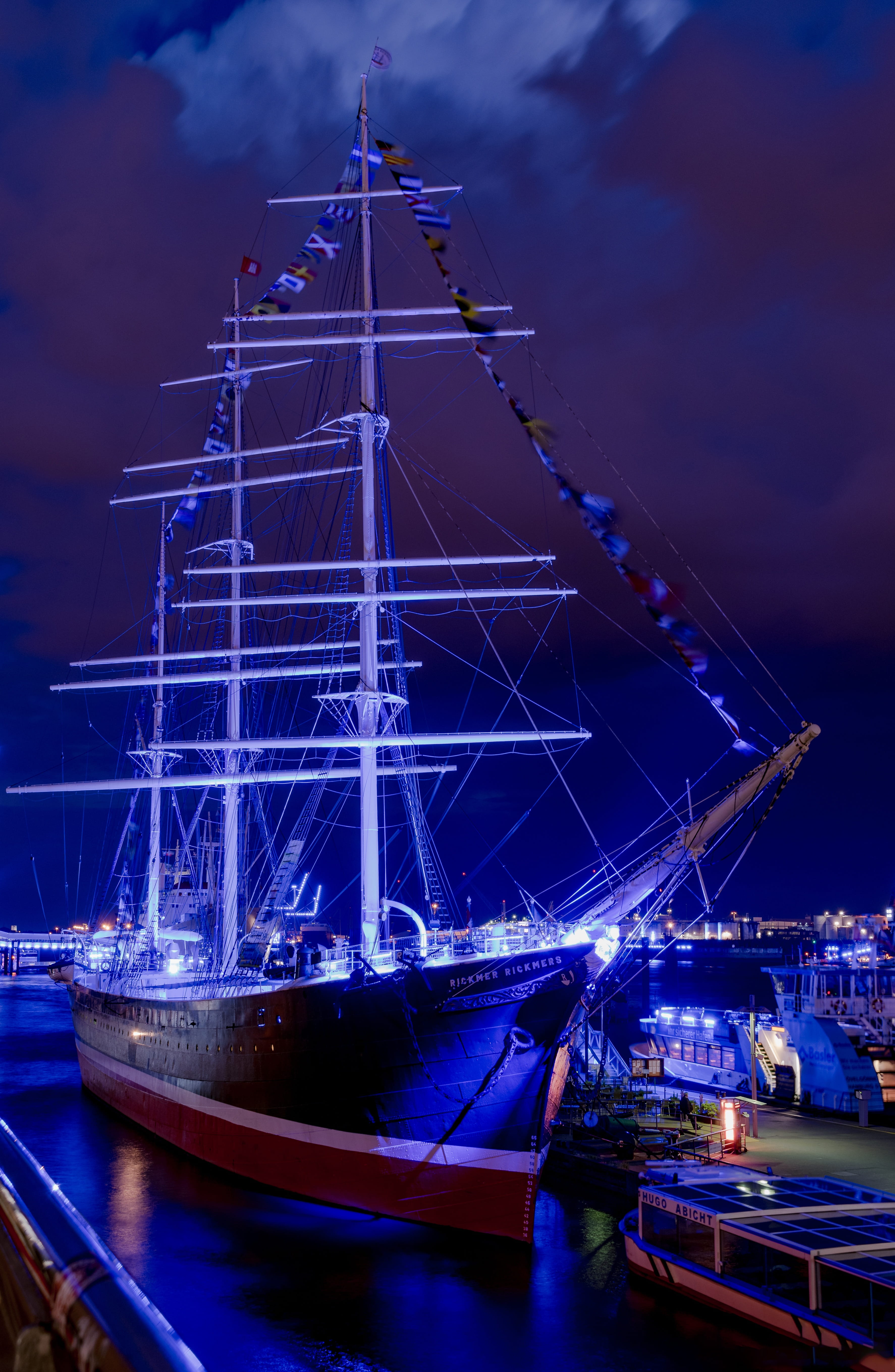 commercial dock, harbor, purple, ship masts, nautical vessel, elbe, hamburg landungsbrücken, mode of transportation, northern germany, night, cloud - sky, Phone HD Wallpaper